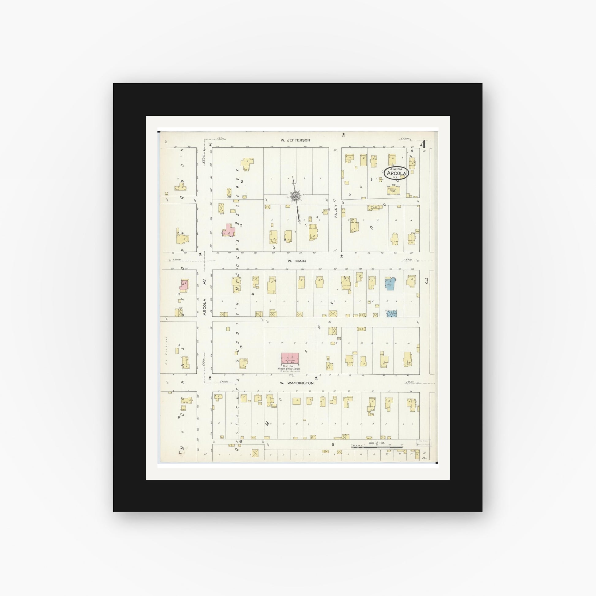 Old map wall art mockup — black gallery frame with white mat — Sanborn Fire Insurance Map from Arcola, Douglas County, Illinois (1914), Sheet #0004