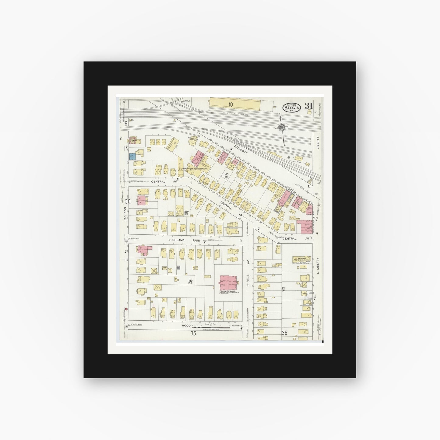 Old map wall art mockup — black gallery frame with white mat — Sanborn Fire Insurance Map from Batavia, Genesee County, New York (1919), Sheet #0031