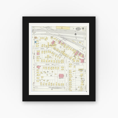 Old map wall art mockup — black gallery frame with white mat — Sanborn Fire Insurance Map from Batavia, Genesee County, New York (1919), Sheet #0031
