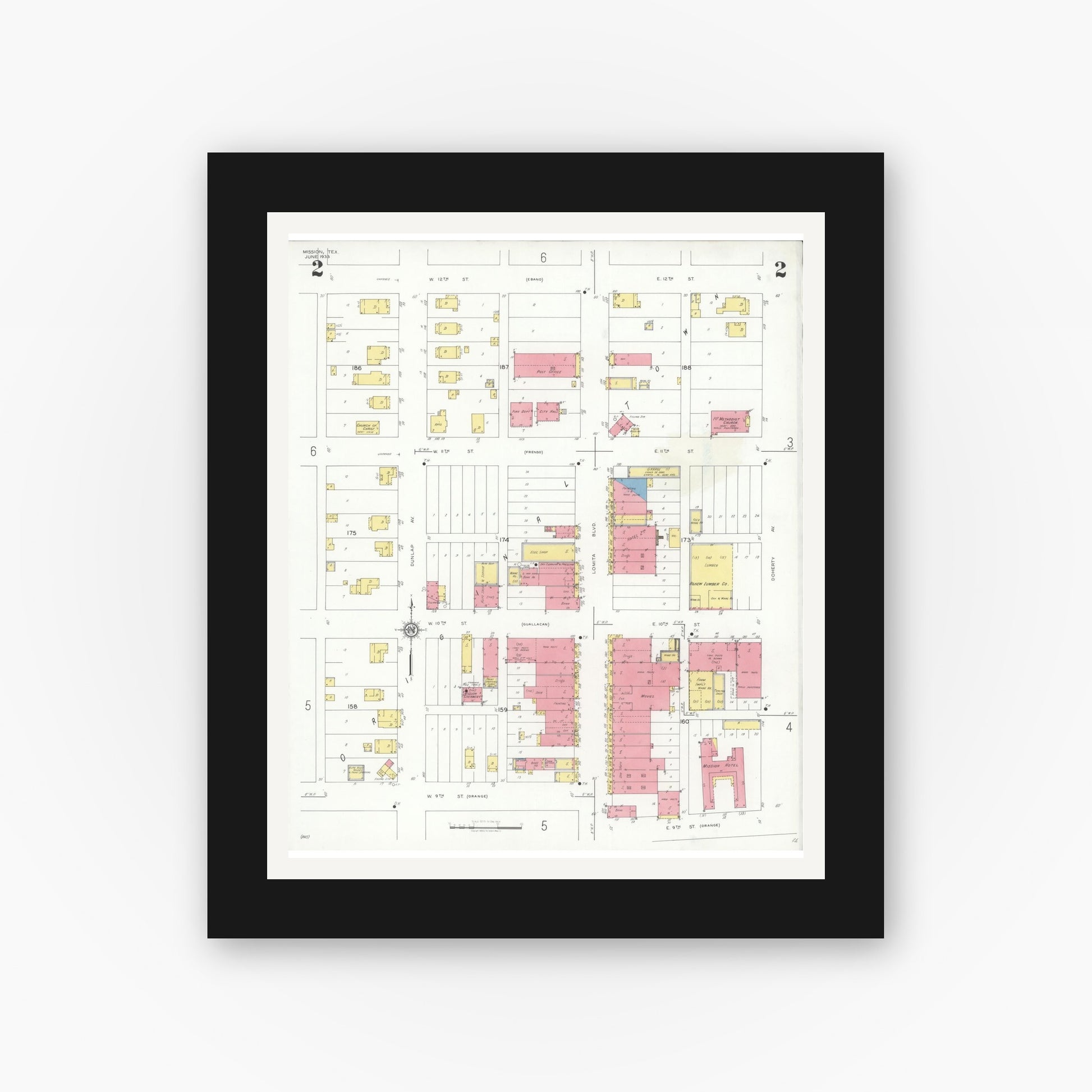 Old map wall art mockup — black gallery frame with white mat — Sanborn Fire Insurance Map from Mission, Hidalgo County, Texas (1933), Sheet #0002