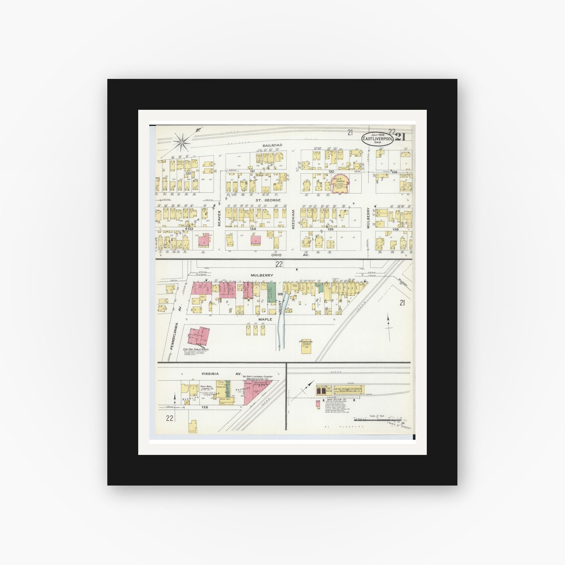 Old map wall art mockup — black gallery frame with white mat — Sanborn Fire Insurance Map from East Liverpool, Columbiana County, Ohio (1908), Sheet #0021