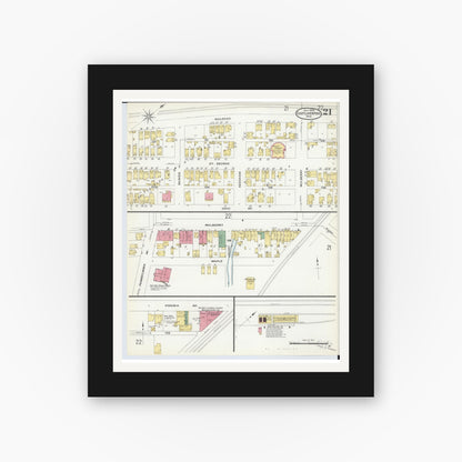 Old map wall art mockup — black gallery frame with white mat — Sanborn Fire Insurance Map from East Liverpool, Columbiana County, Ohio (1908), Sheet #0021