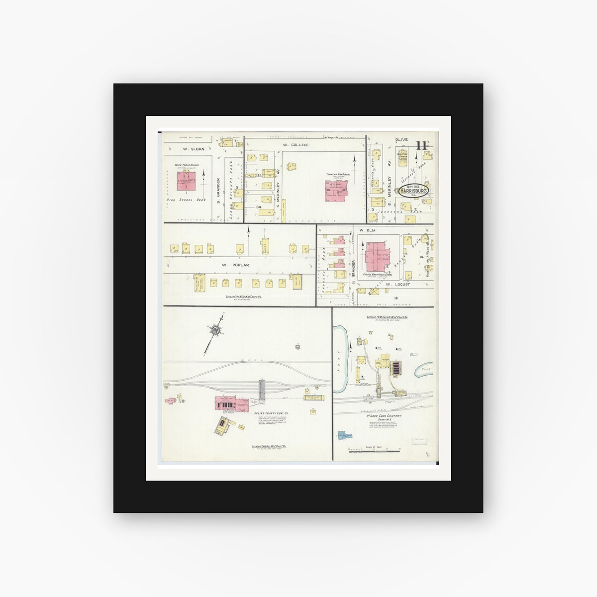 Old map wall art mockup — black gallery frame with white mat — Sanborn Fire Insurance Map from Harrisburg, Saline County, Illinois (1913), Sheet #0011