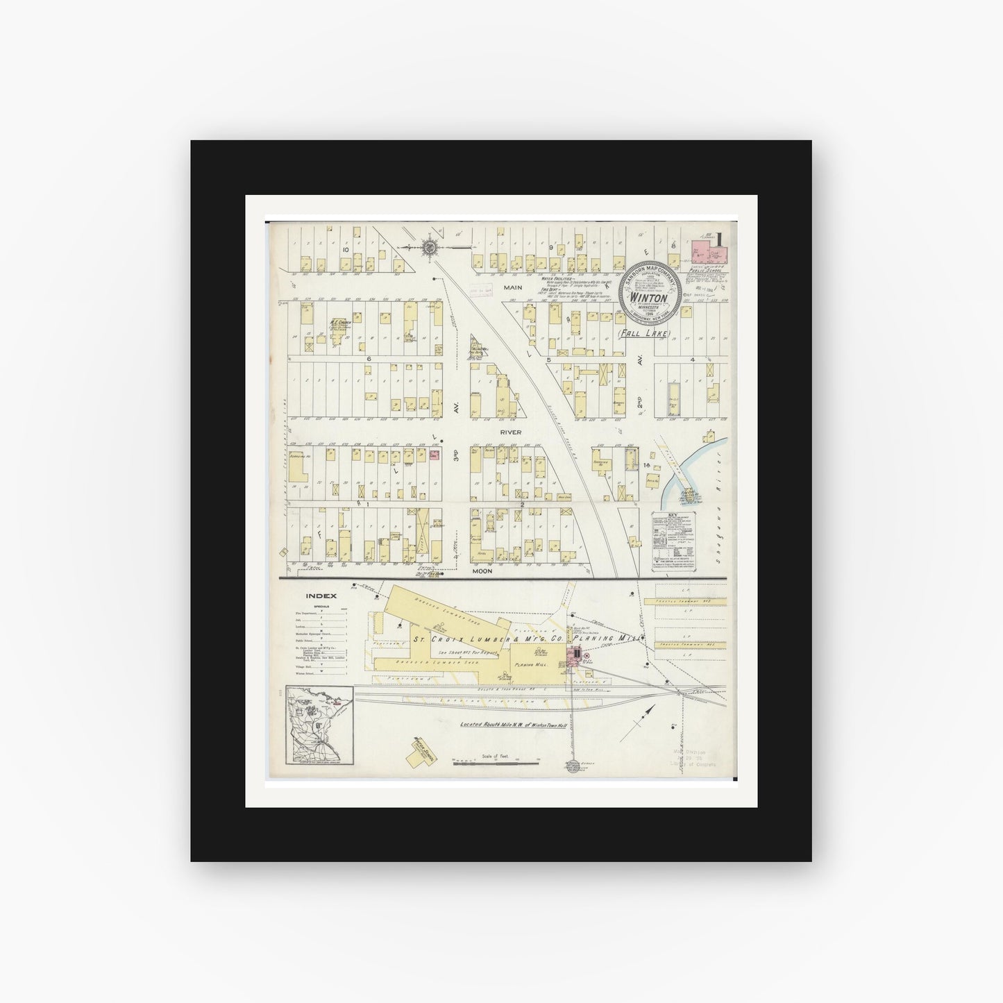 Old map wall art mockup — black gallery frame with white mat — Sanborn Fire Insurance Map from Winton, Saint Louis County, Minnesota (1914) - Complete Map Set