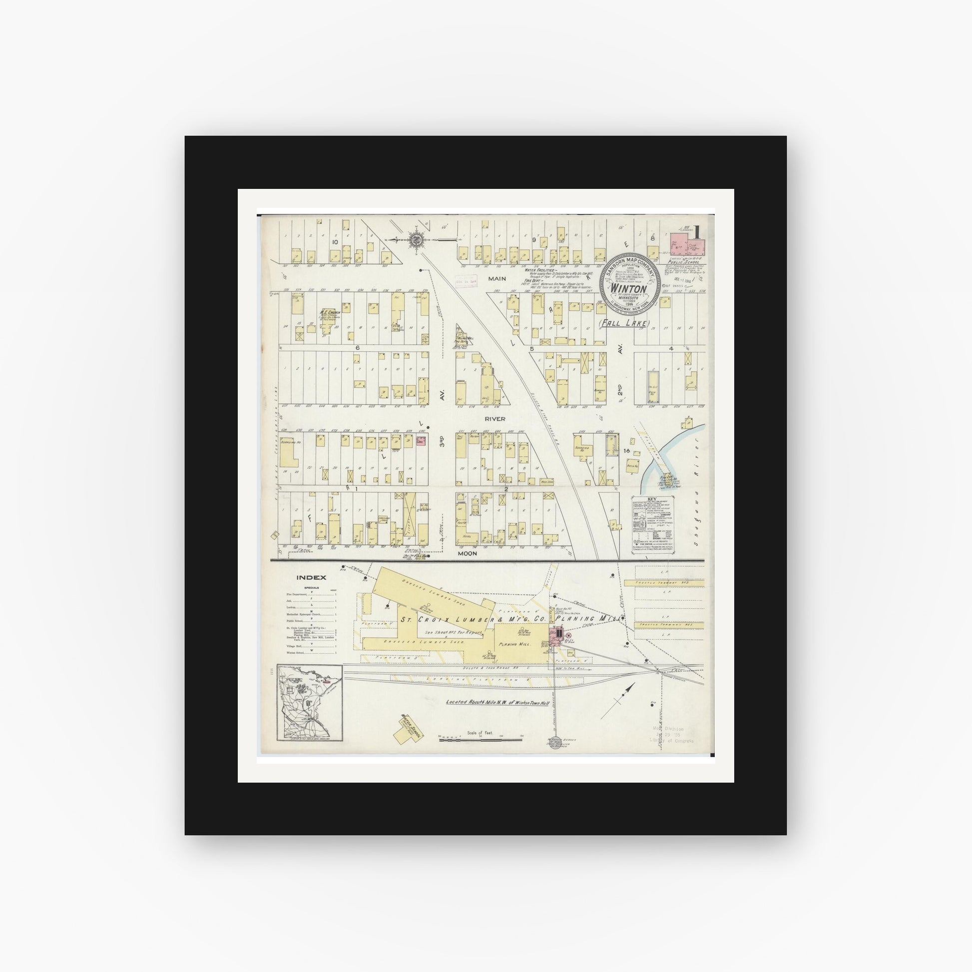 Old map wall art mockup — black gallery frame with white mat — Sanborn Fire Insurance Map from Winton, Saint Louis County, Minnesota (1914) - Complete Map Set