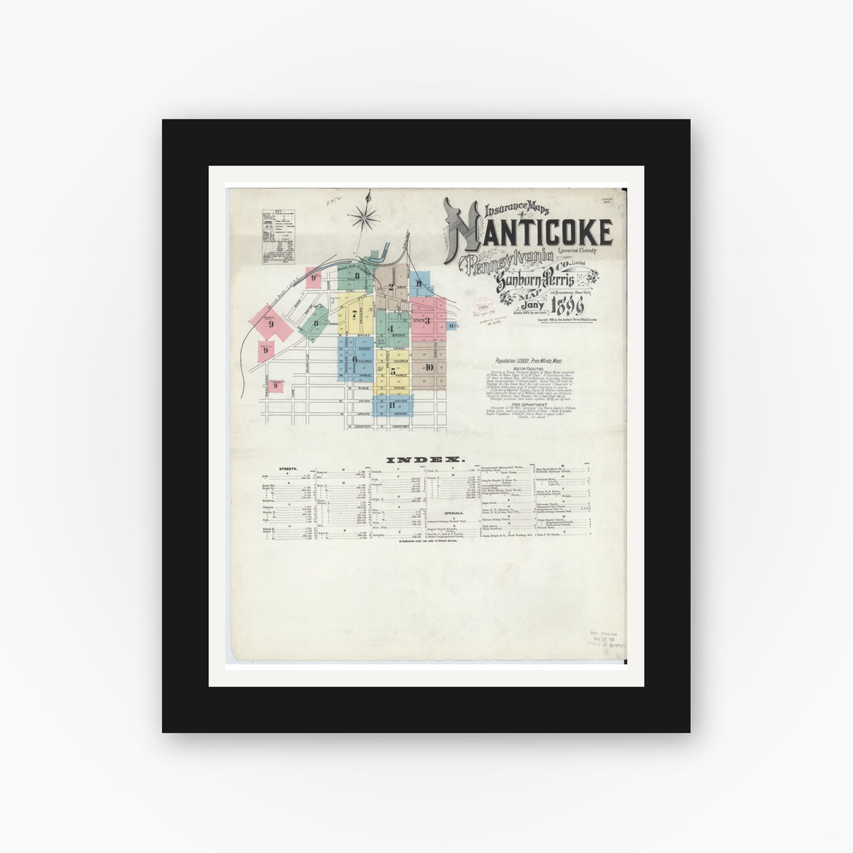 Old map wall art mockup — black gallery frame with white mat — Sanborn Fire Insurance Map from Nanticoke, Luzerne County, Pennsylvania (1896), Sheet #0001