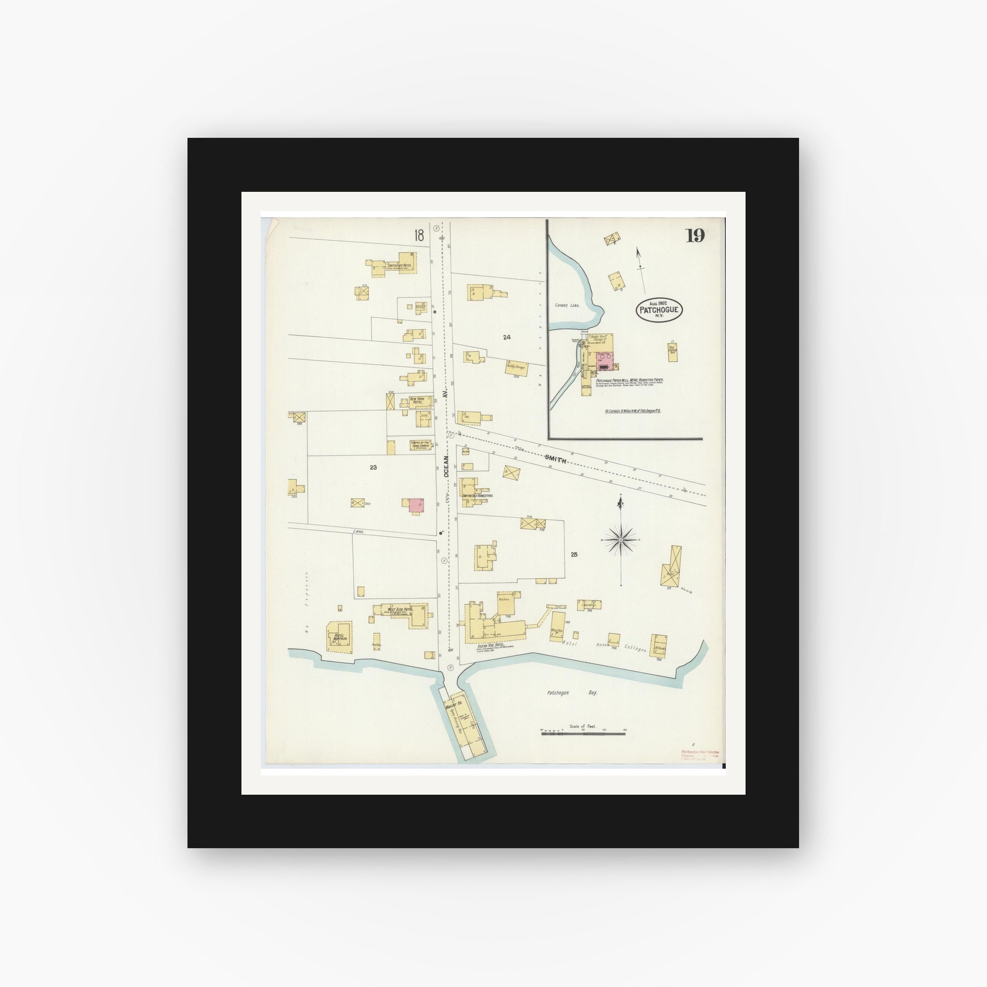 Old map wall art mockup — black gallery frame with white mat — Sanborn Fire Insurance Map from Patchogue, Suffolk County, New York (1902), Sheet #0019