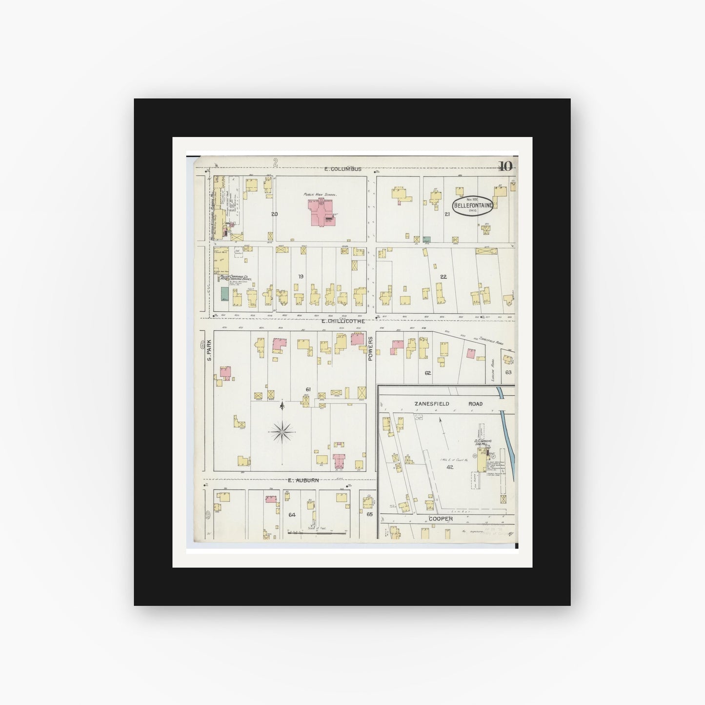 Old map wall art mockup — black gallery frame with white mat — Sanborn Fire Insurance Map from Bellefontaine, Logan County, Ohio (1892), Sheet #0010