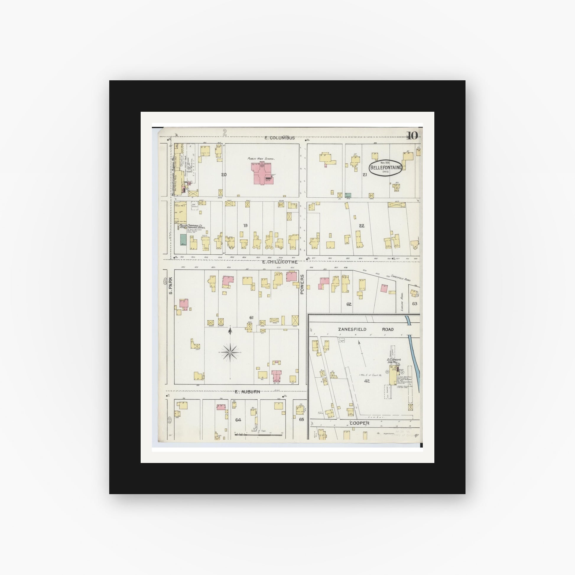 Old map wall art mockup — black gallery frame with white mat — Sanborn Fire Insurance Map from Bellefontaine, Logan County, Ohio (1892), Sheet #0010