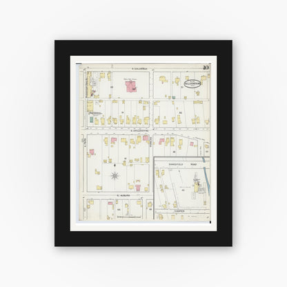 Old map wall art mockup — black gallery frame with white mat — Sanborn Fire Insurance Map from Bellefontaine, Logan County, Ohio (1892), Sheet #0010