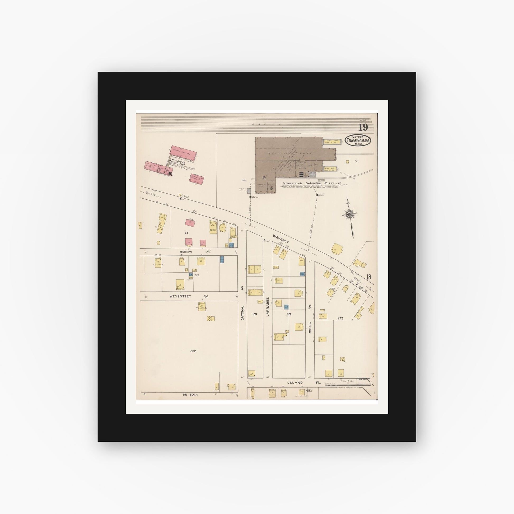 Old map wall art mockup — black gallery frame with white mat — Sanborn Fire Insurance Map from Framingham, Middlesex County, Massachusetts (1922), Sheet #0019