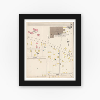 Old map wall art mockup — black gallery frame with white mat — Sanborn Fire Insurance Map from Framingham, Middlesex County, Massachusetts (1922), Sheet #0019