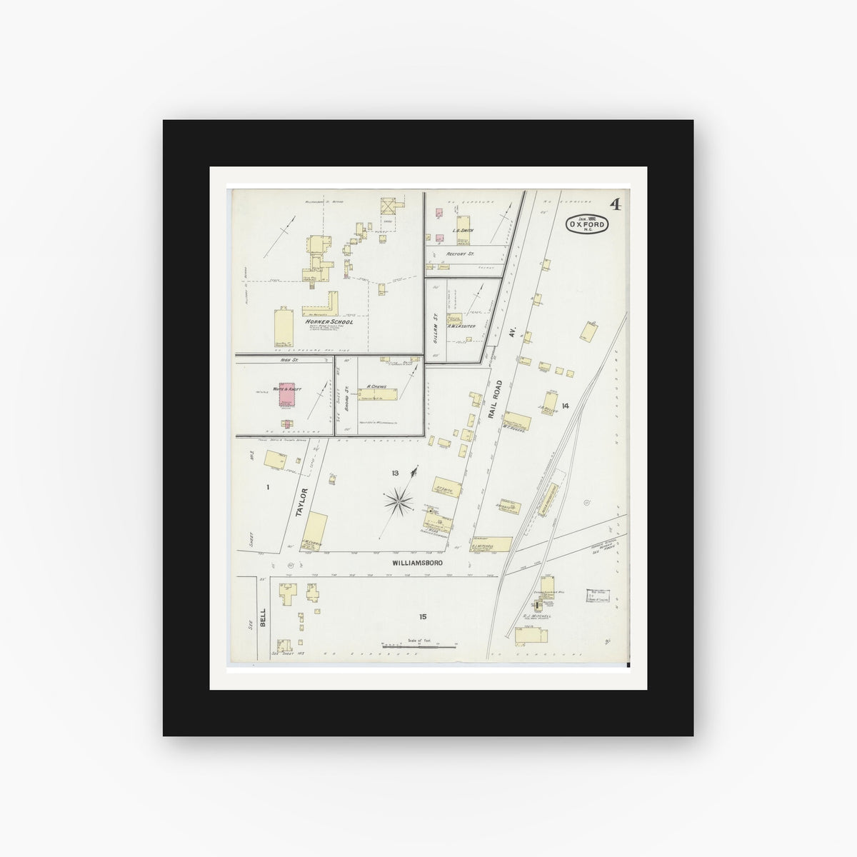 Old map wall art mockup — black gallery frame with white mat — Sanborn Fire Insurance Map from Oxford, Granville County, North Carolina (1892), Sheet #0004