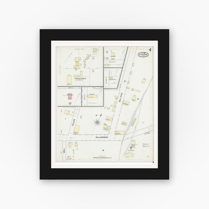 Old map wall art mockup — black gallery frame with white mat — Sanborn Fire Insurance Map from Oxford, Granville County, North Carolina (1892), Sheet #0004