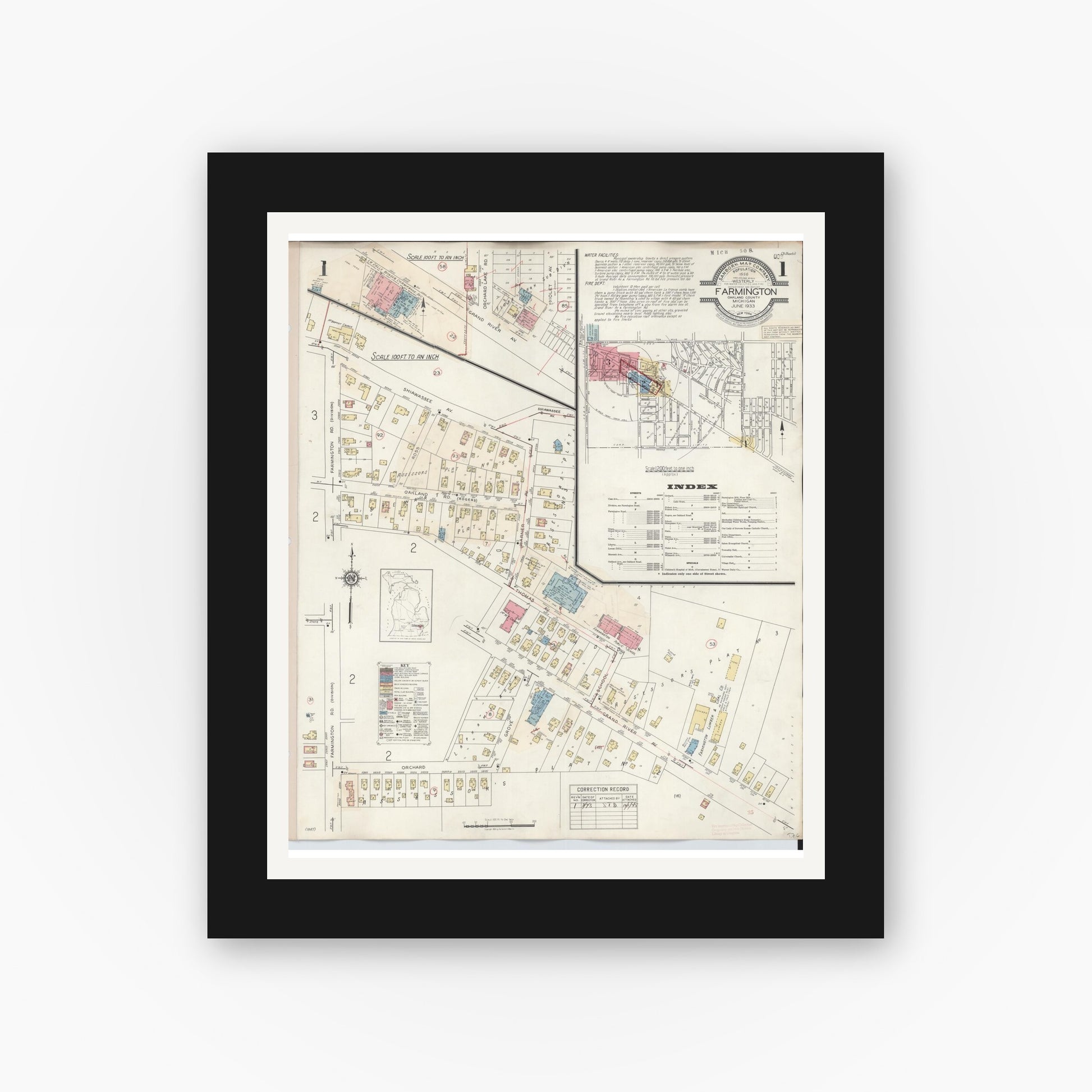 Old map wall art mockup — black gallery frame with white mat — Sanborn Fire Insurance Map from Farmington, Oakland County, Michigan (1943) - Complete Map Set