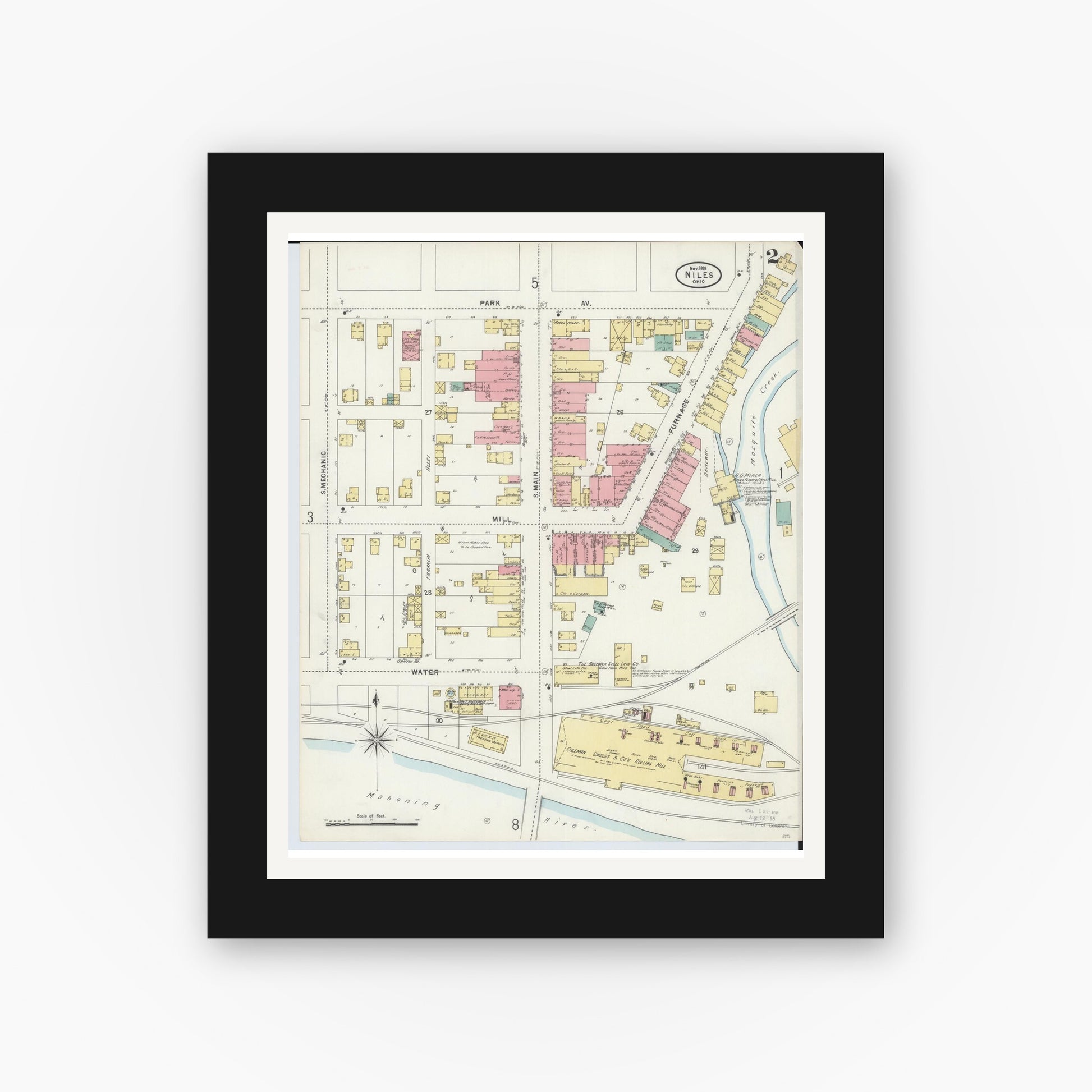 Old map wall art mockup — black gallery frame with white mat — Sanborn Fire Insurance Map from Niles, Trumbull County, Ohio (1898), Sheet #0002