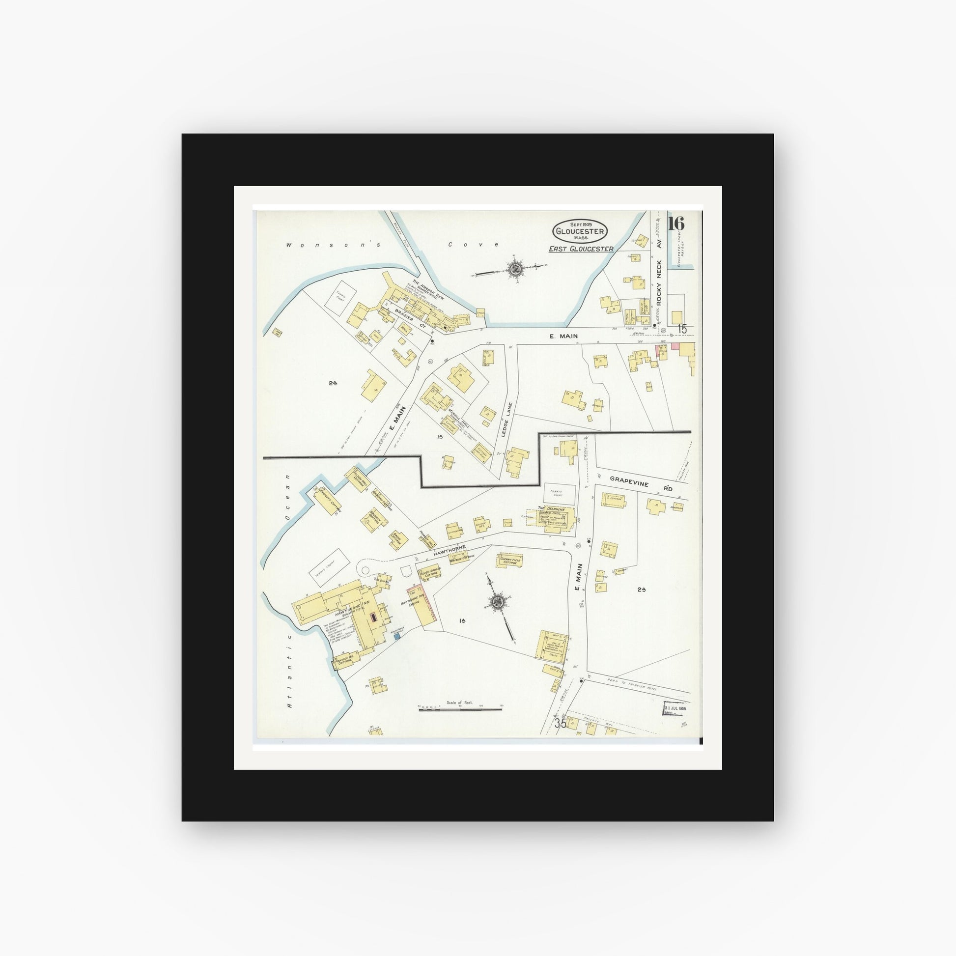 Old map wall art mockup — black gallery frame with white mat — Sanborn Fire Insurance Map from Gloucester, Essex County, Massachusetts (1909), Sheet #0016