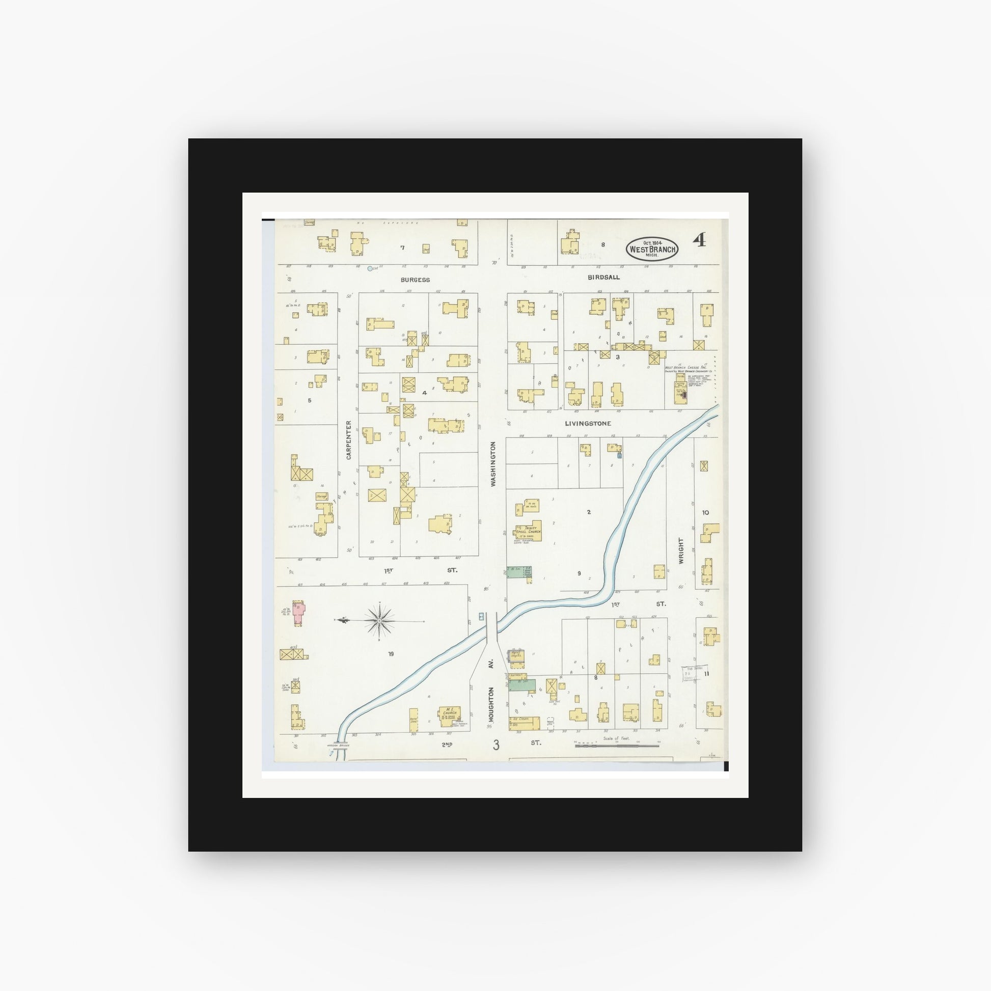Old map wall art mockup — black gallery frame with white mat — Sanborn Fire Insurance Map from West Branch, Ogemaw County, Michigan (1904), Sheet #0004