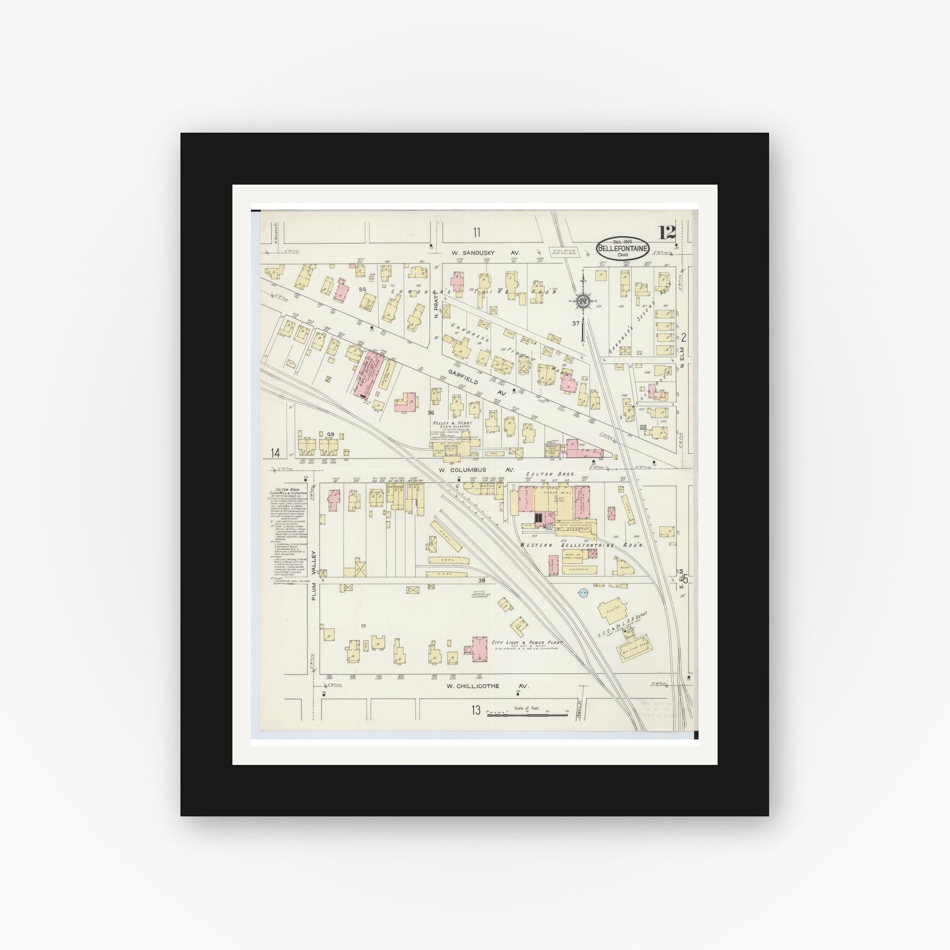 Old map wall art mockup — black gallery frame with white mat — Sanborn Fire Insurance Map from Bellefontaine, Logan County, Ohio (1914), Sheet #0012