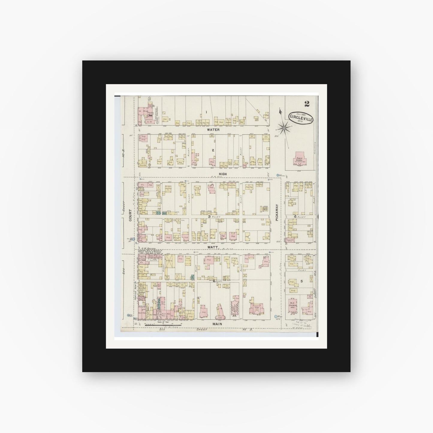 Old map wall art mockup — black gallery frame with white mat — Sanborn Fire Insurance Map from Circleville, Pickaway County, Ohio (1889), Sheet #0002