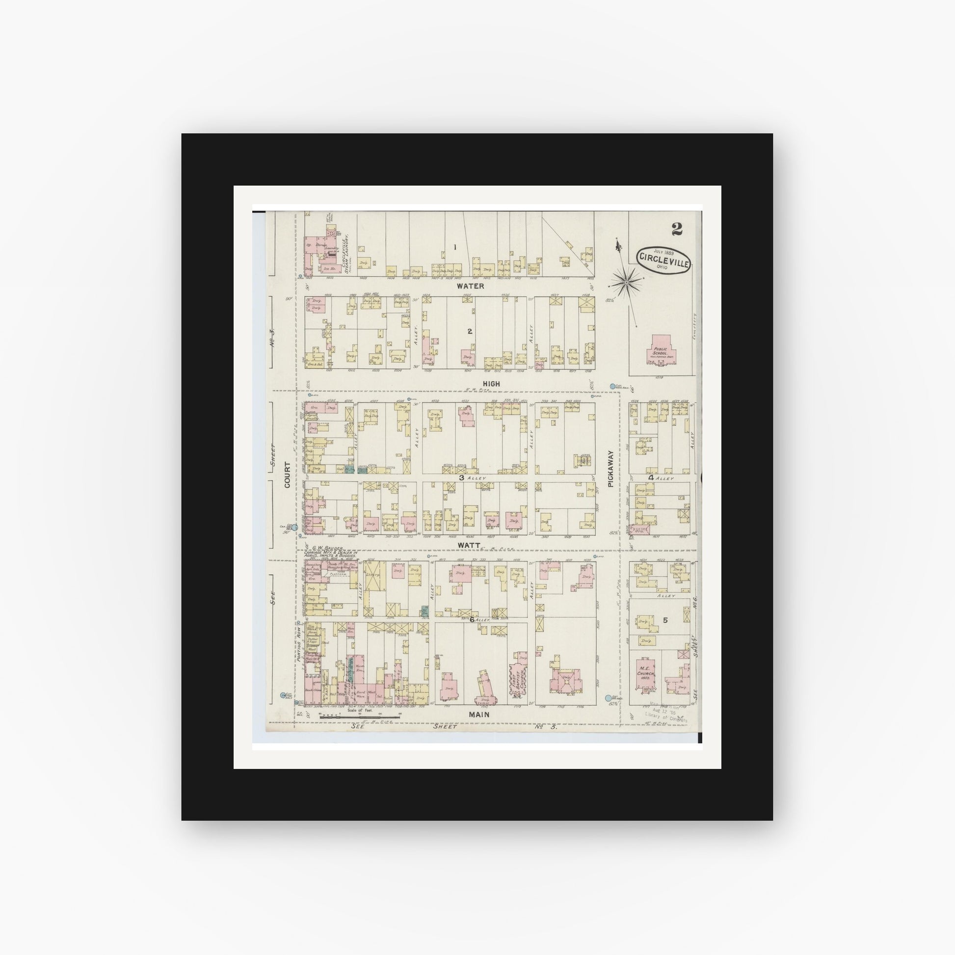 Old map wall art mockup — black gallery frame with white mat — Sanborn Fire Insurance Map from Circleville, Pickaway County, Ohio (1889), Sheet #0002