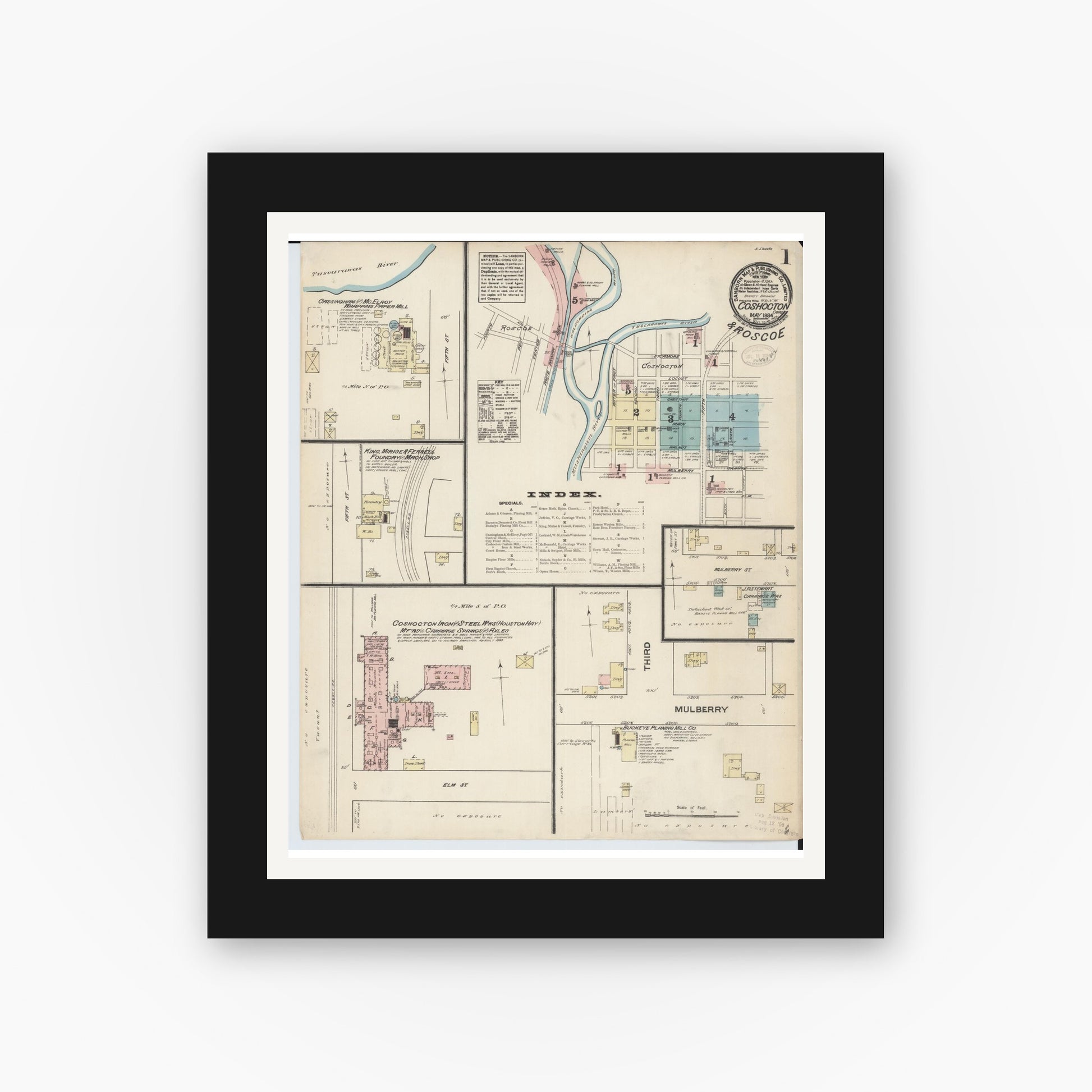 Old map wall art mockup — black gallery frame with white mat — Sanborn Fire Insurance Map from Coshocton, Coshocton County, Ohio (1884), Sheet #0001