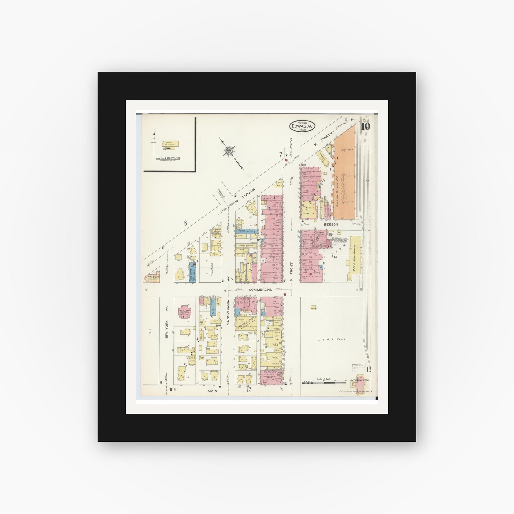 Old map wall art mockup — black gallery frame with white mat — Sanborn Fire Insurance Map from Dowagiac, Cass County, Michigan (1913), Sheet #0010