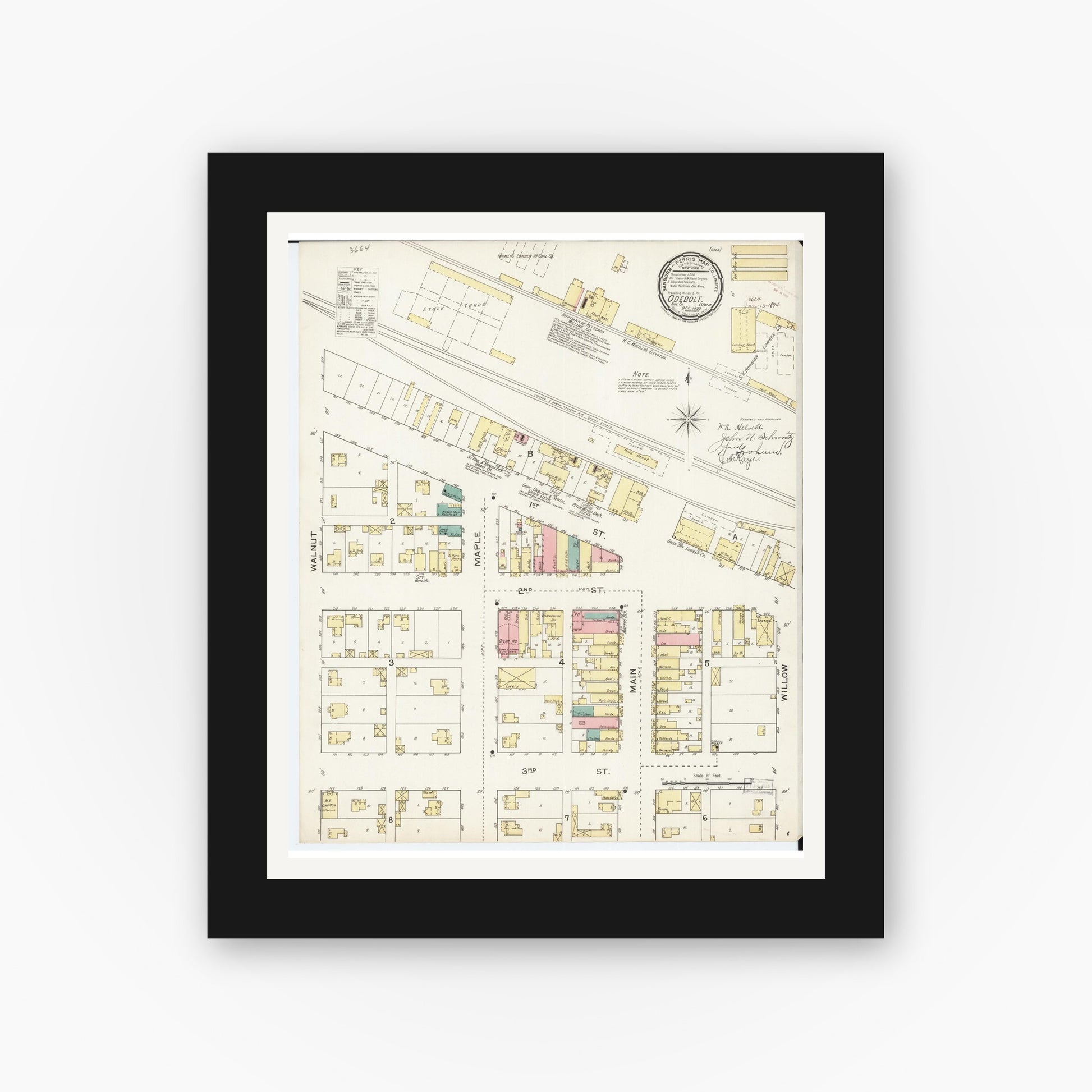 Old map wall art mockup — black gallery frame with white mat — Sanborn Fire Insurance Map from Odebolt, Sac County, Iowa (1893), Sheet #0001