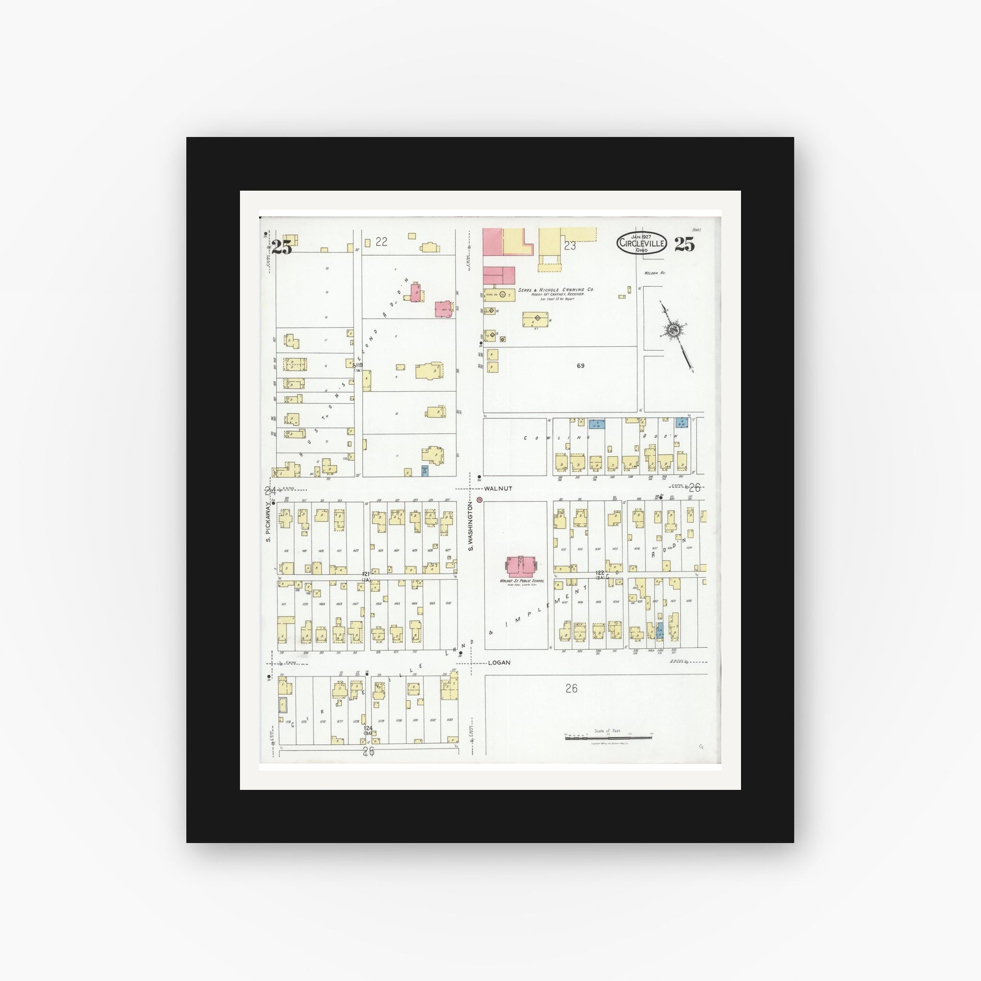 Old map wall art mockup — black gallery frame with white mat — Sanborn Fire Insurance Map from Circleville, Pickaway County, Ohio (1927), Sheet #0025
