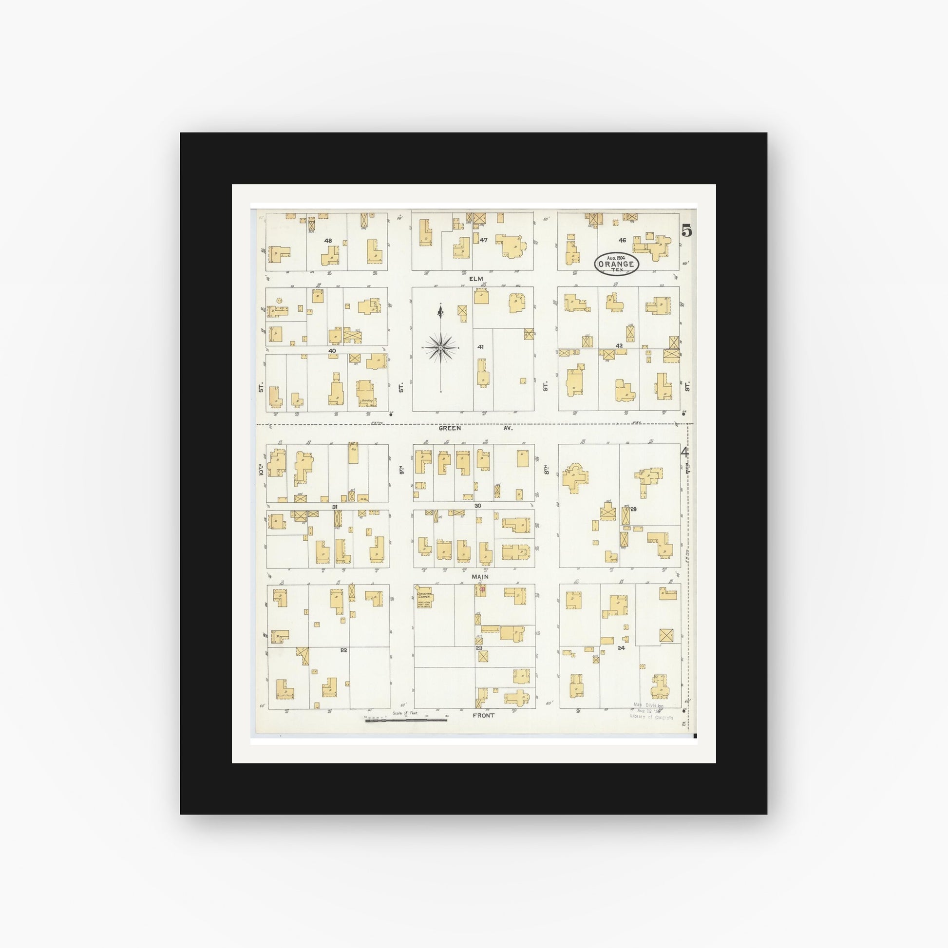 Old map wall art mockup — black gallery frame with white mat — Sanborn Fire Insurance Map from Orange, Orange County, Texas (1904), Sheet #0005