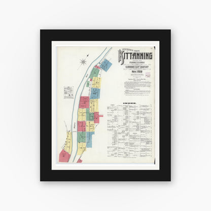 Old map wall art mockup — black gallery frame with white mat — Sanborn Fire Insurance Map from Kittanning, Armstrong County, Pennsylvania (1909) - Complete Map Set