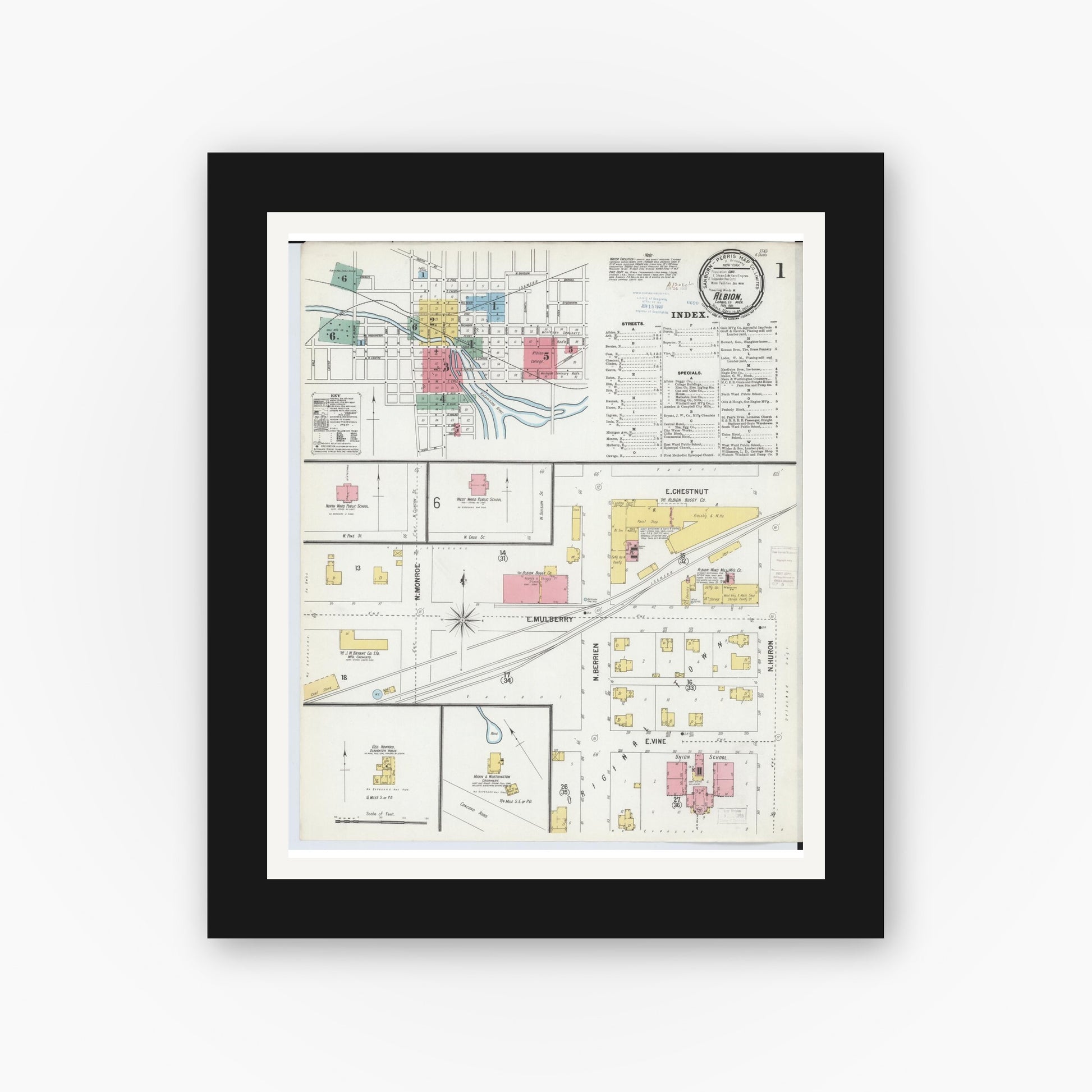 Old map wall art mockup — black gallery frame with white mat — Sanborn Fire Insurance Map from Albion, Calhoun County, Michigan (1900) - Complete Map Set