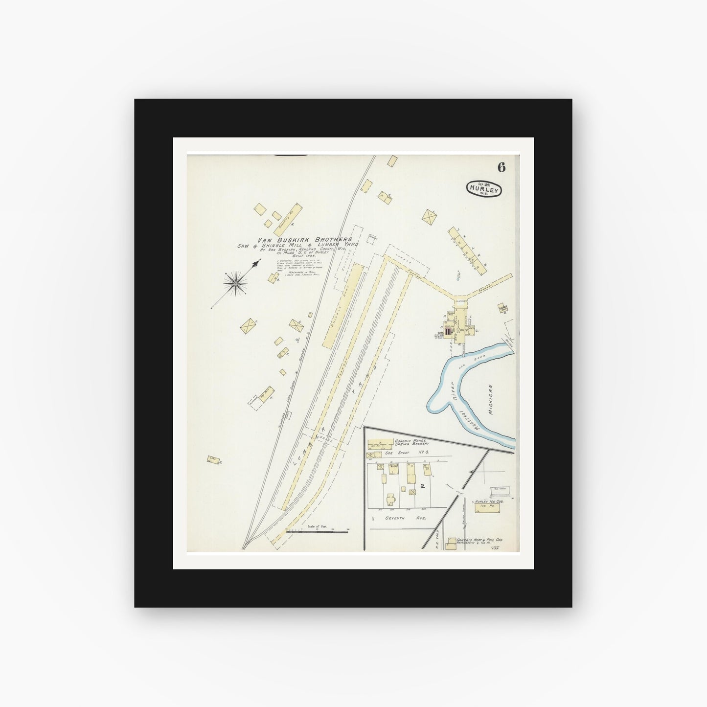 Old map wall art mockup — black gallery frame with white mat — Sanborn Fire Insurance Map from Hurley, Iron County, Wisconsin (1891), Sheet #0006