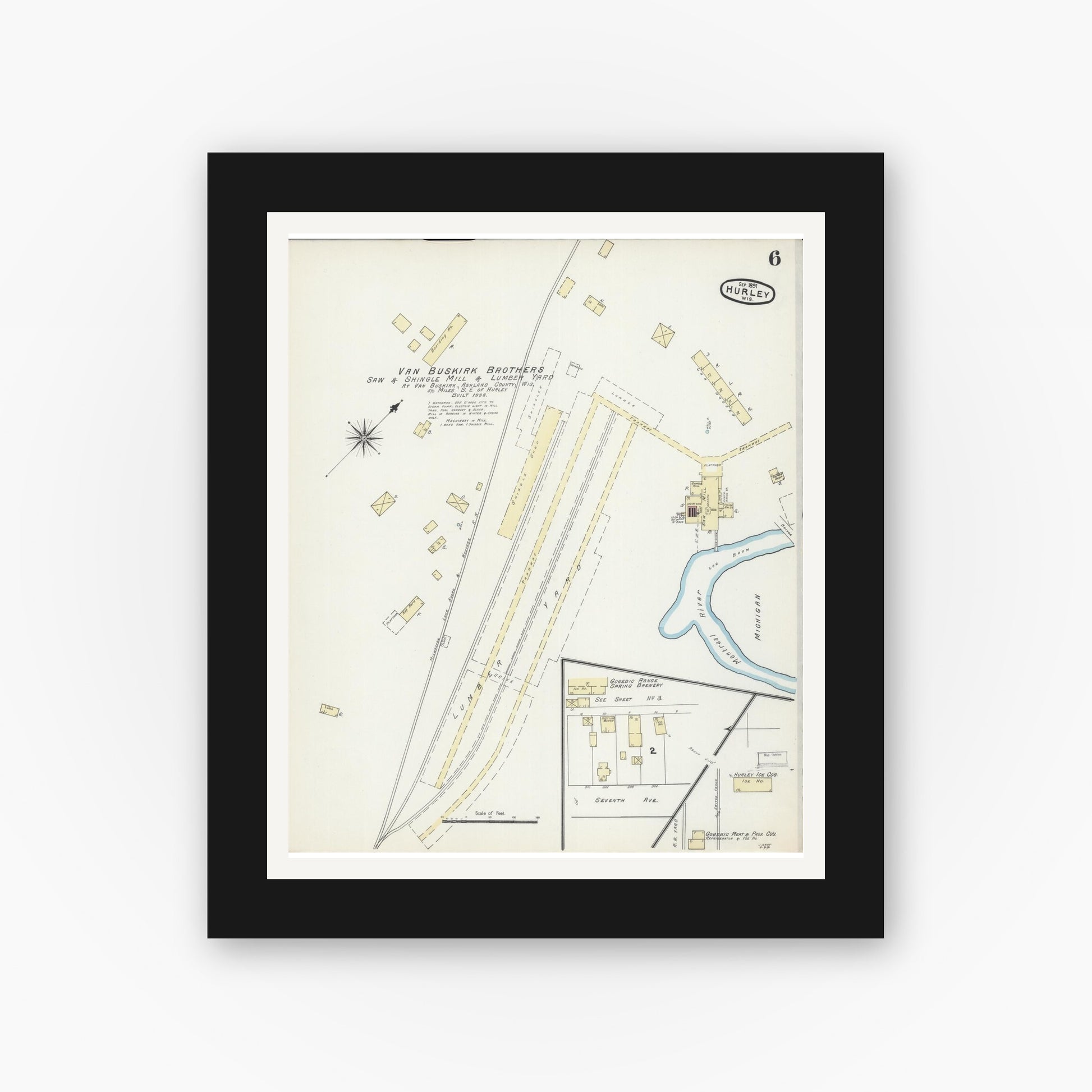 Old map wall art mockup — black gallery frame with white mat — Sanborn Fire Insurance Map from Hurley, Iron County, Wisconsin (1891), Sheet #0006