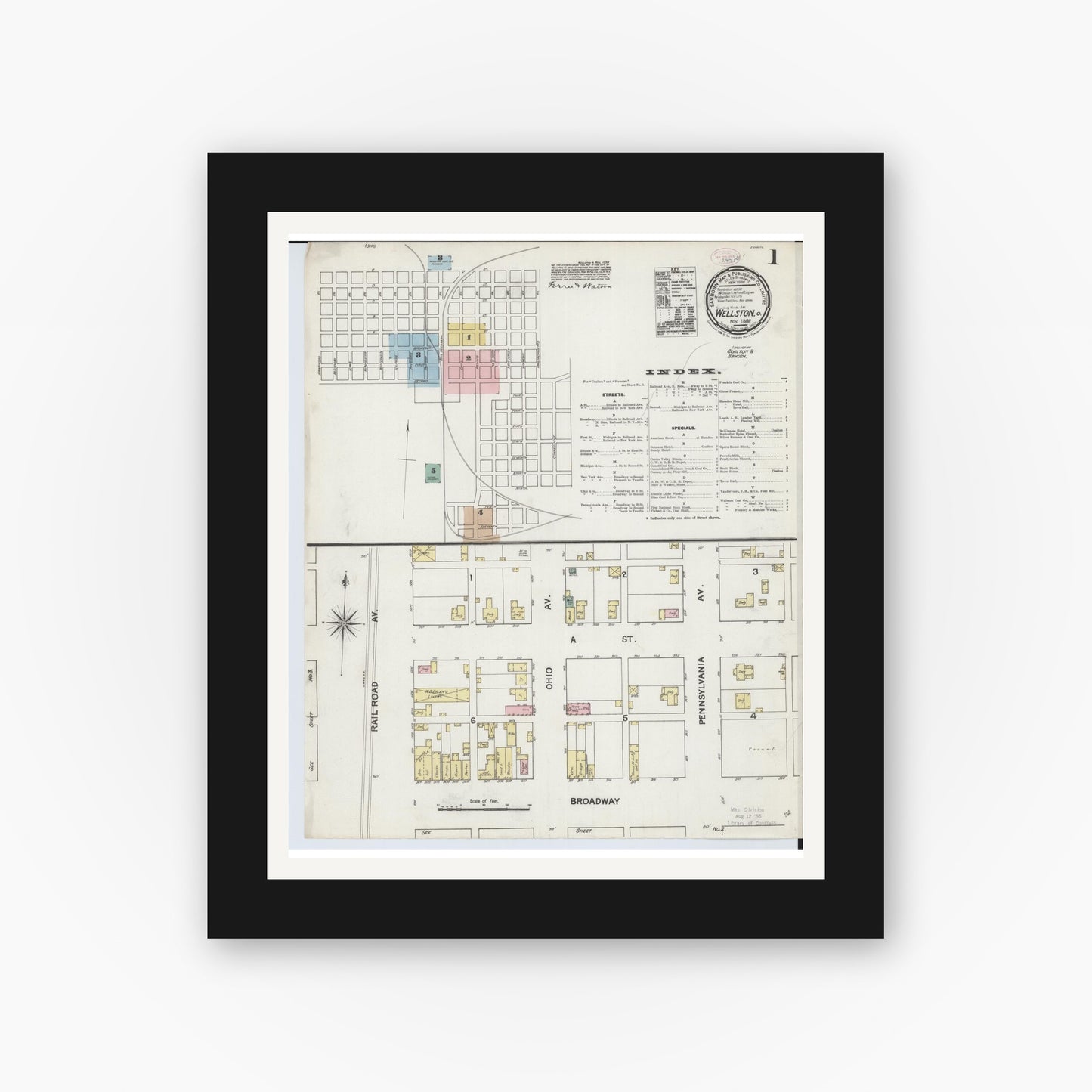 Old map wall art mockup — black gallery frame with white mat — Sanborn Fire Insurance Map from Wellston, Jackson County, Ohio (1888) - Complete Map Set
