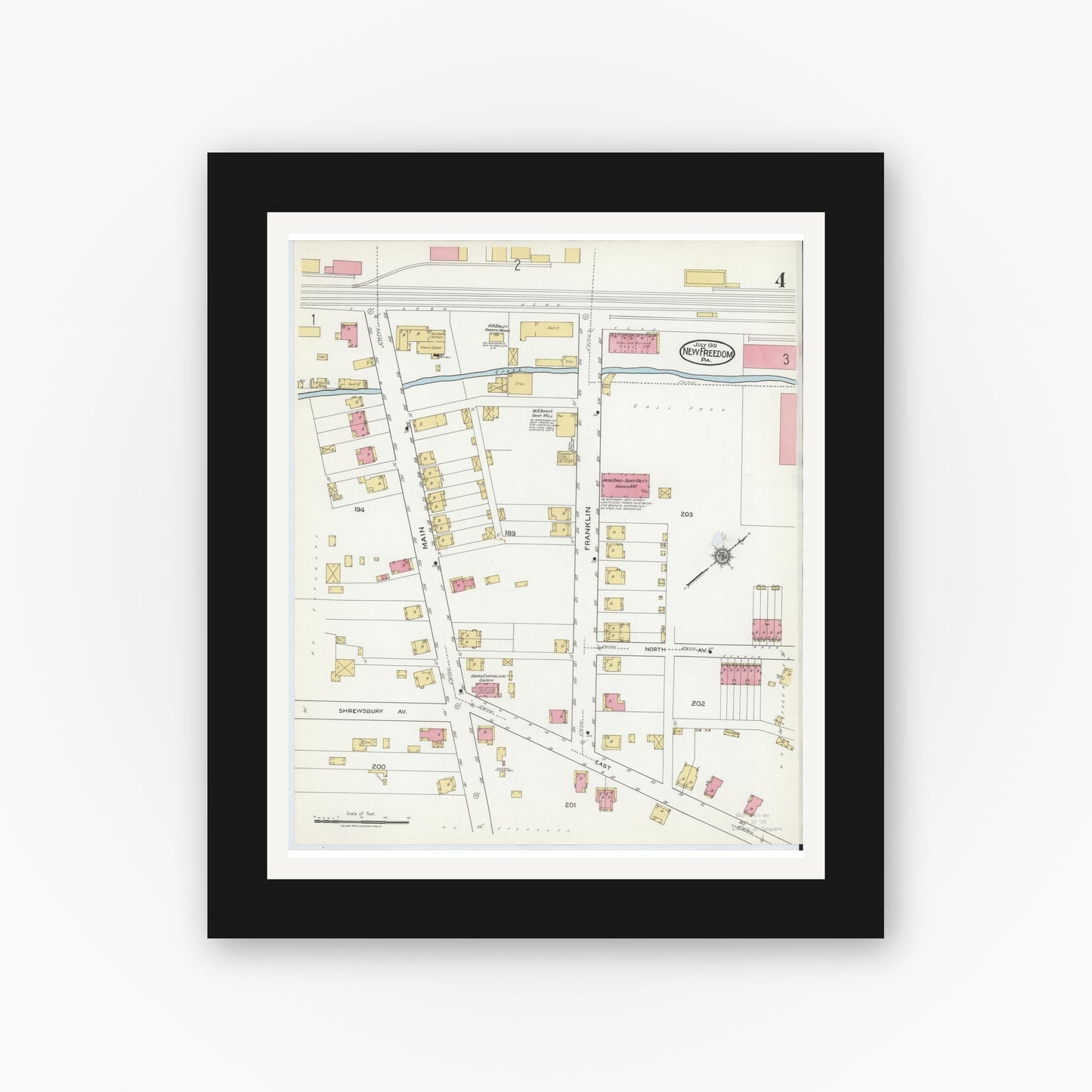 Old map wall art mockup — black gallery frame with white mat — Sanborn Fire Insurance Map from New Freedom, York County, Pennsylvania (1919), Sheet #0004