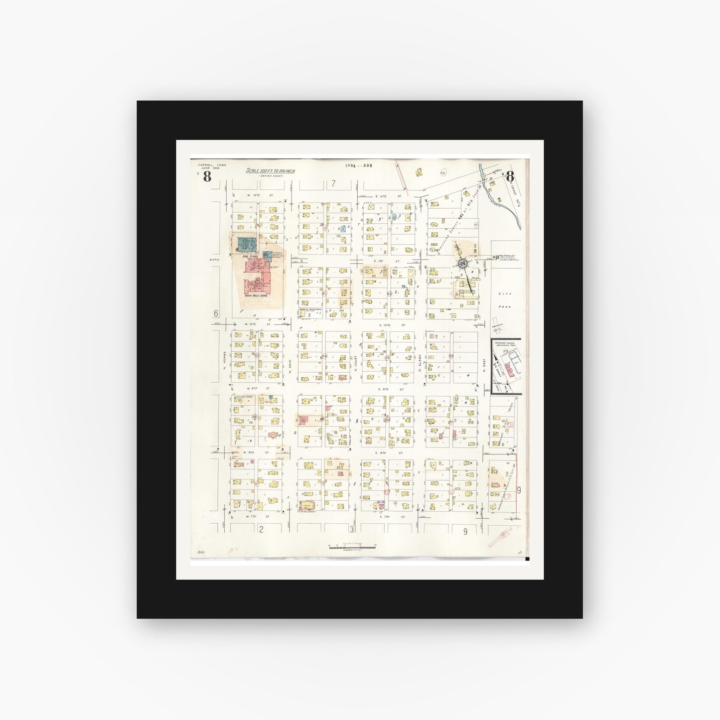 Old map wall art mockup — black gallery frame with white mat — Sanborn Fire Insurance Map from Carroll, Carroll County, Iowa (1948), Sheet #0008