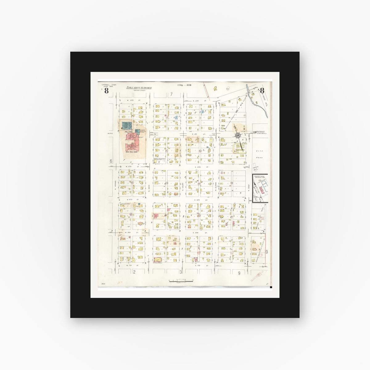 Old map wall art mockup — black gallery frame with white mat — Sanborn Fire Insurance Map from Carroll, Carroll County, Iowa (1948), Sheet #0008