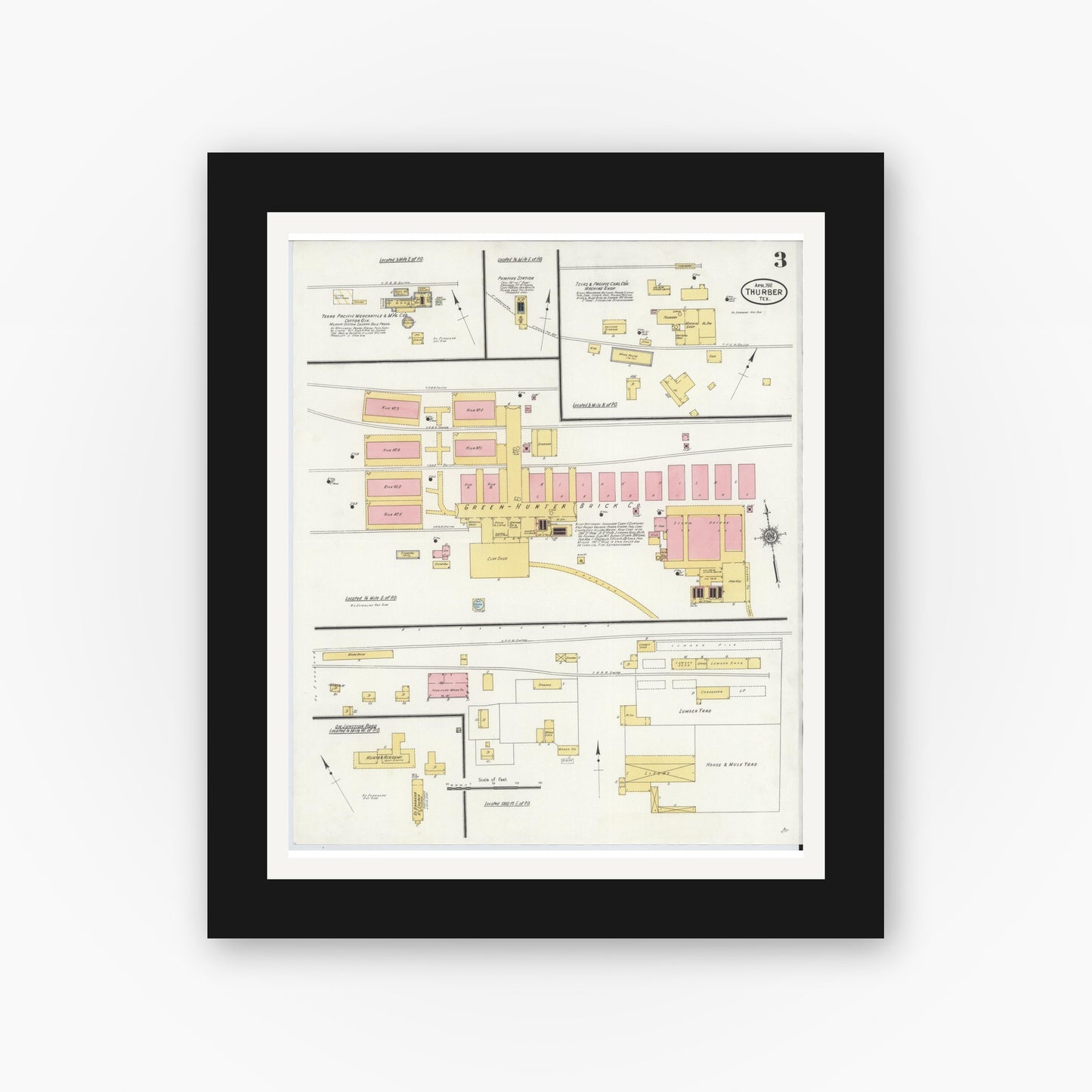 Old map wall art mockup — black gallery frame with white mat — Sanborn Fire Insurance Map from Thurber, Erath County, Texas (1911), Sheet #0003