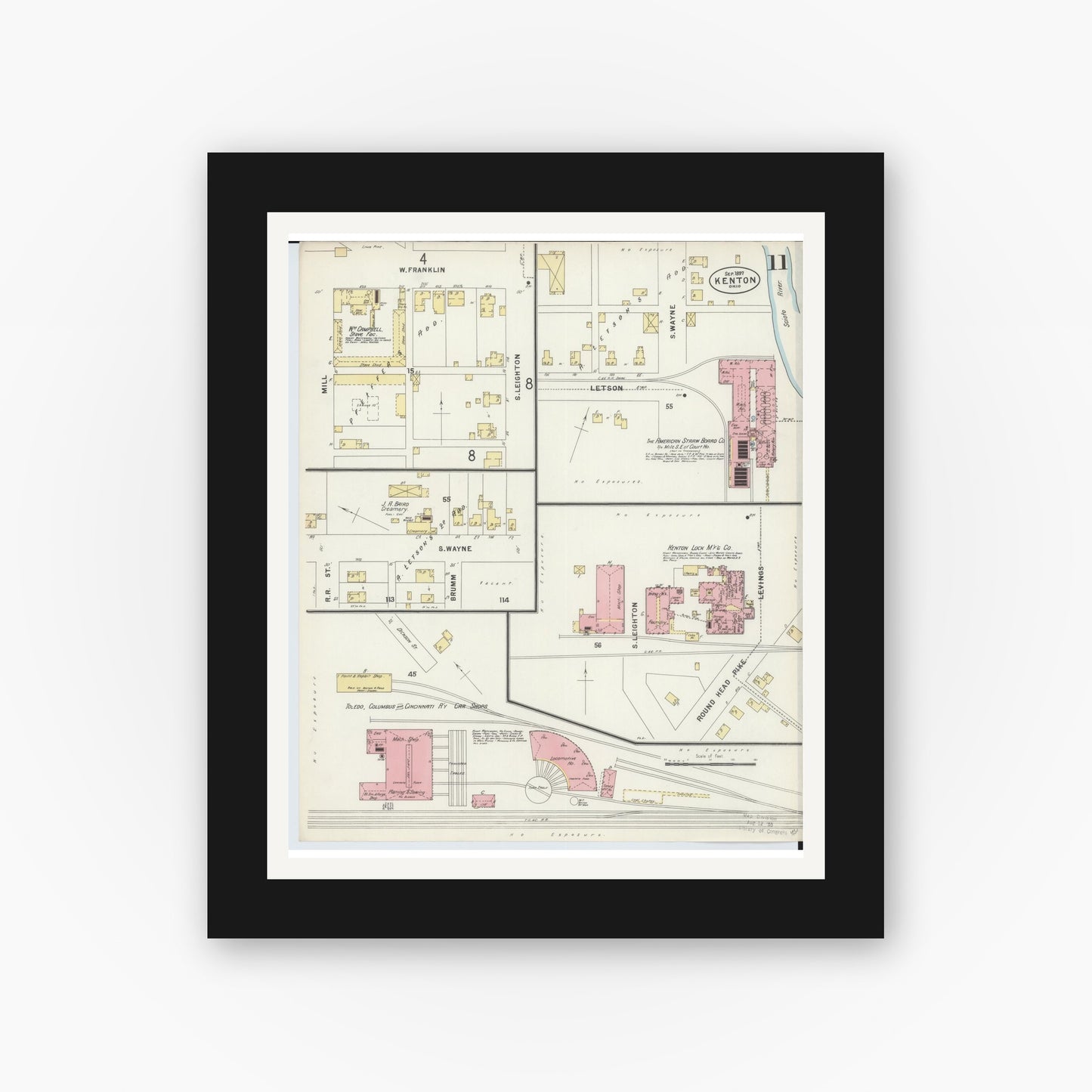 Old map wall art mockup — black gallery frame with white mat — Sanborn Fire Insurance Map from Kenton, Hardin County, Ohio (1897), Sheet #0011