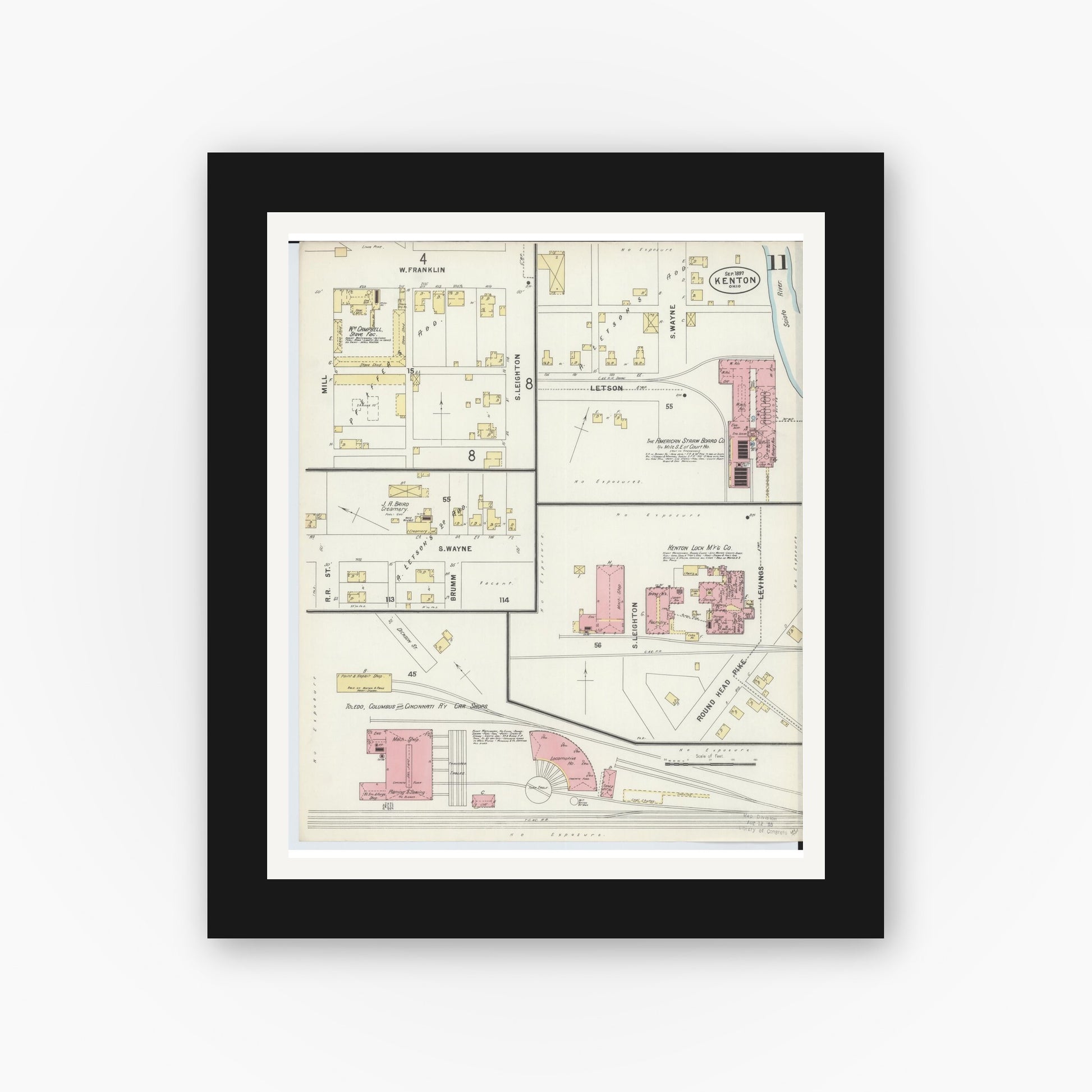 Old map wall art mockup — black gallery frame with white mat — Sanborn Fire Insurance Map from Kenton, Hardin County, Ohio (1897), Sheet #0011