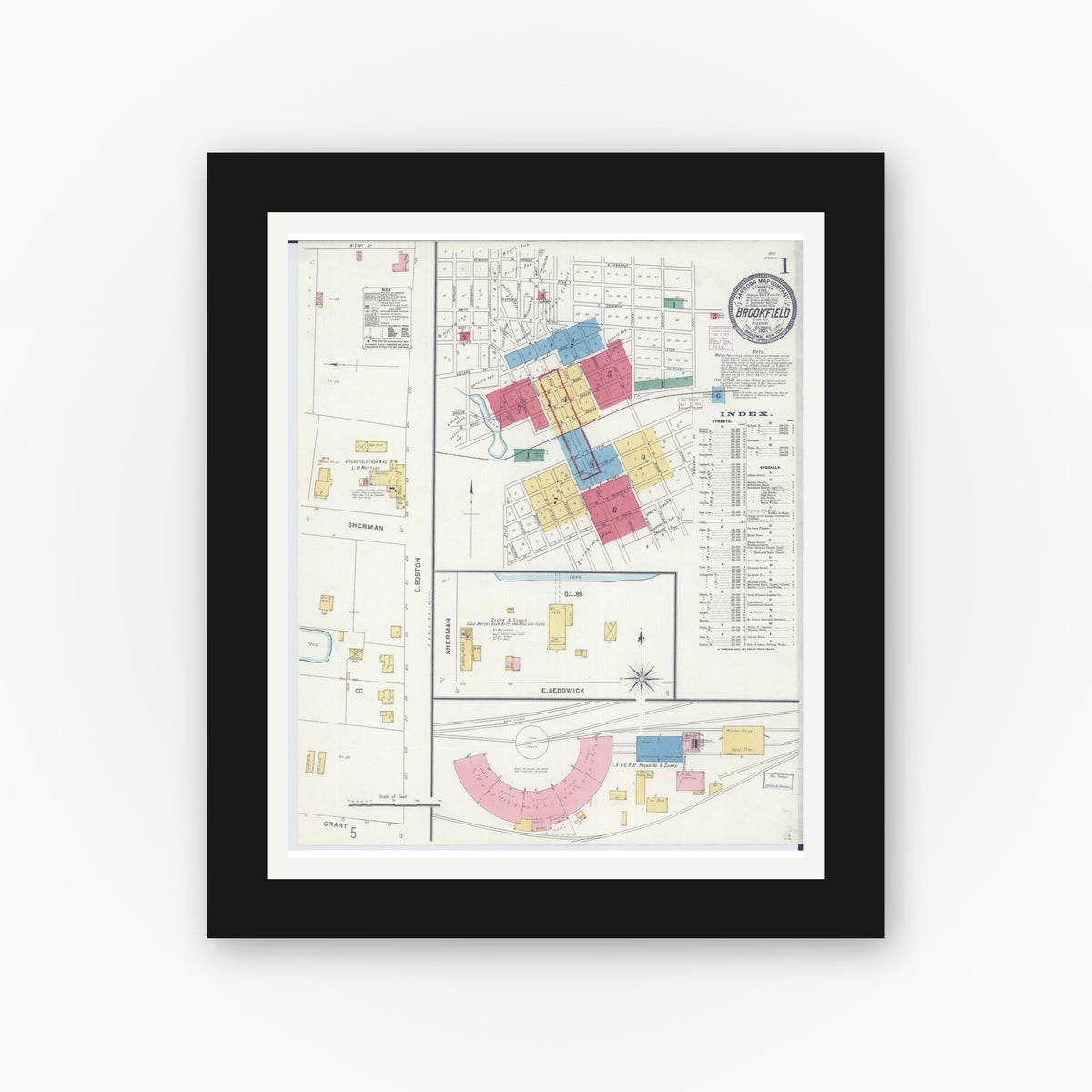 Old map wall art mockup — black gallery frame with white mat — Sanborn Fire Insurance Map from Brookfield, Linn County, Missouri (1905) - Complete Map Set