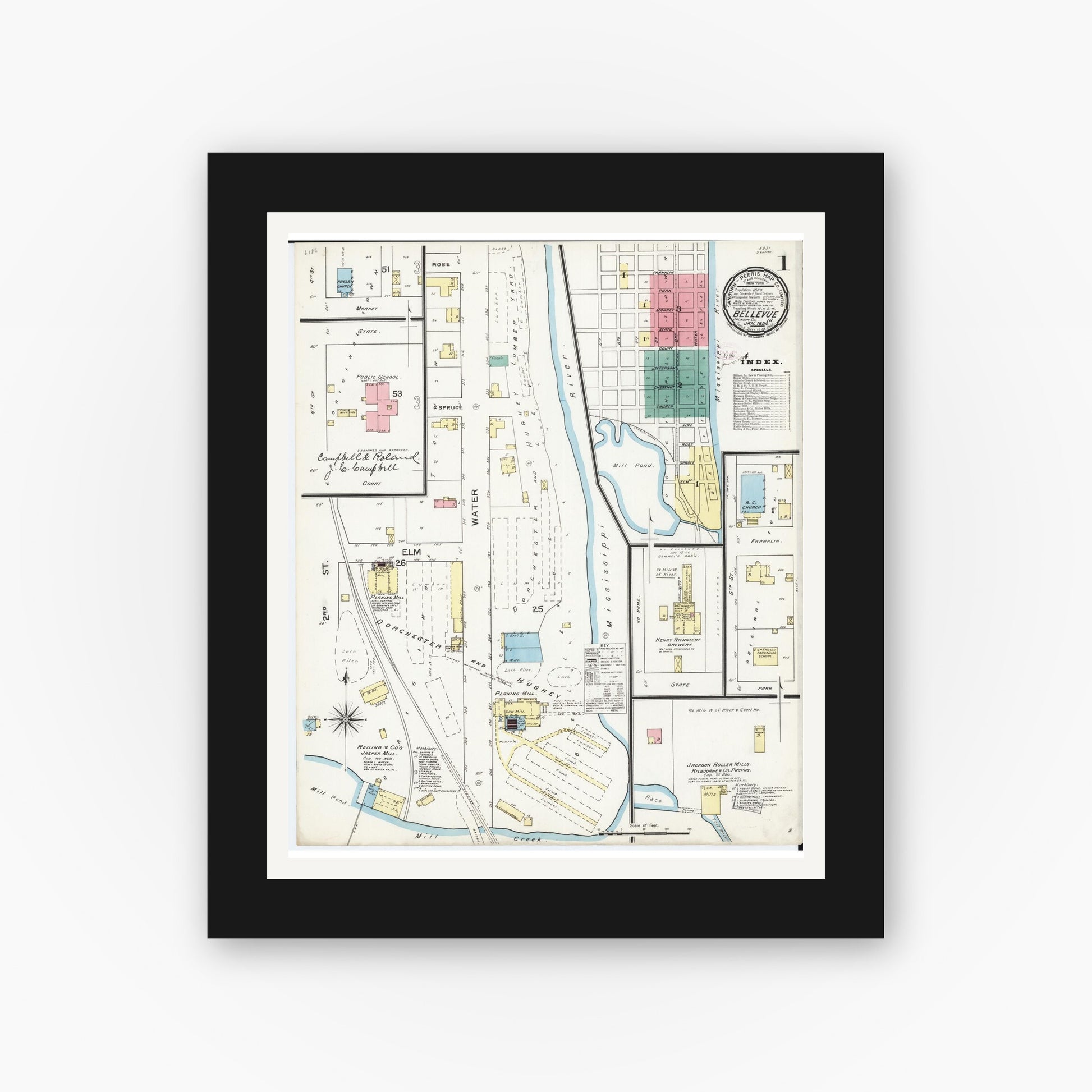 Old map wall art mockup — black gallery frame with white mat — Sanborn Fire Insurance Map from Bellevue, Jackson County, Iowa (1894) â€” Complete Set