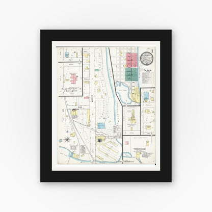 Old map wall art mockup — black gallery frame with white mat — Sanborn Fire Insurance Map from Bellevue, Jackson County, Iowa (1894) â€” Complete Set