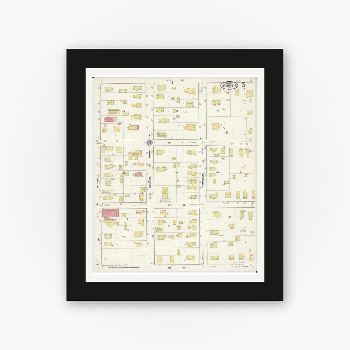 Old map wall art mockup — black gallery frame with white mat — Sanborn Fire Insurance Map from Litchfield, Meeker County, Minnesota (1917), Sheet #0005