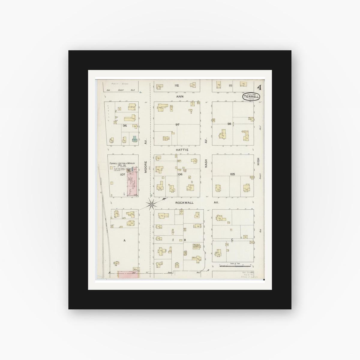 Old map wall art mockup — black gallery frame with white mat — Sanborn Fire Insurance Map from Terrell, Kaufman County, Texas (1888), Sheet #0004