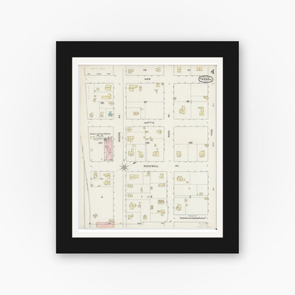 Old map wall art mockup — black gallery frame with white mat — Sanborn Fire Insurance Map from Terrell, Kaufman County, Texas (1888), Sheet #0004