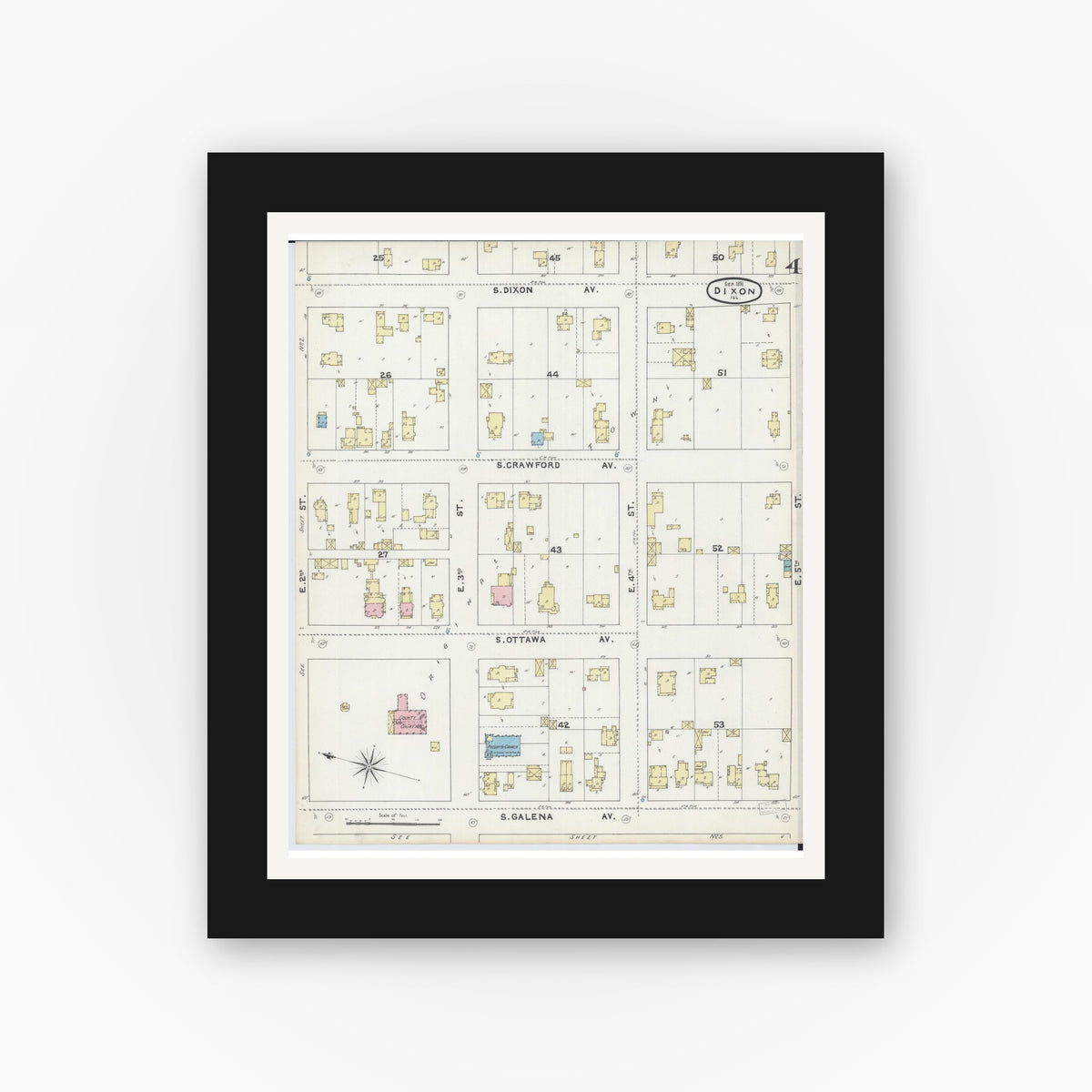 Old map wall art mockup — black gallery frame with white mat — Sanborn Fire Insurance Map from Dixon, Lee County, Illinois (1891), Sheet #0004