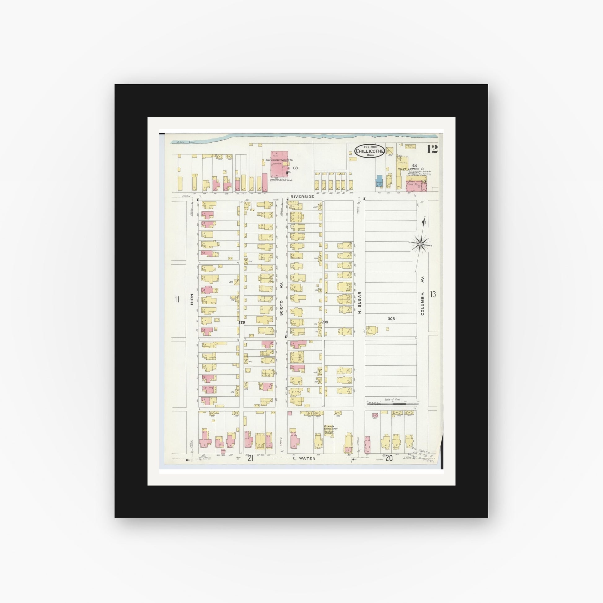 Old map wall art mockup — black gallery frame with white mat — Sanborn Fire Insurance Map from Chillicothe, Ross County, Ohio (1909), Sheet #0012