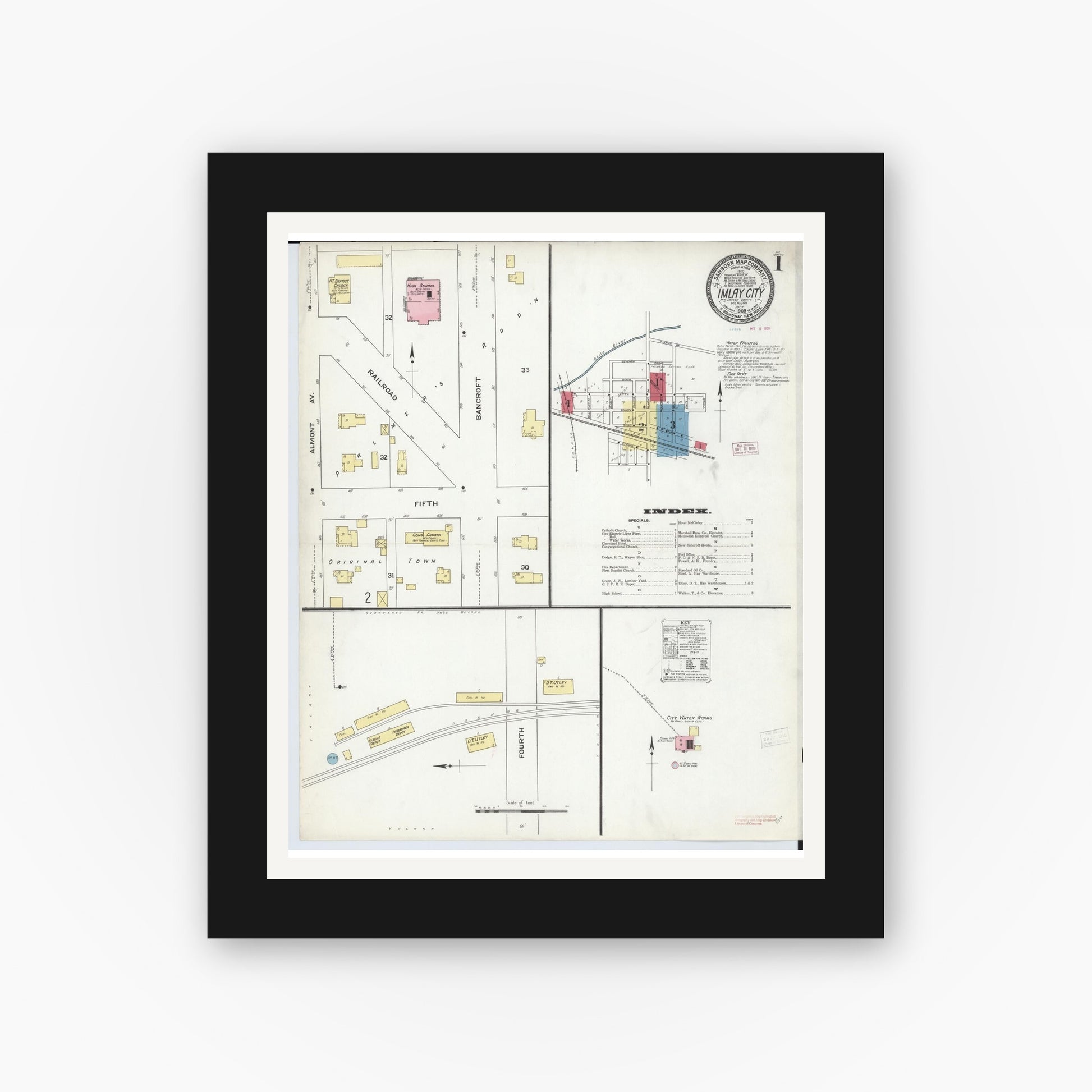 Old map wall art mockup — black gallery frame with white mat — Sanborn Fire Insurance Map from Imlay City, Lapeer County, Michigan (1909) - Complete Map Set